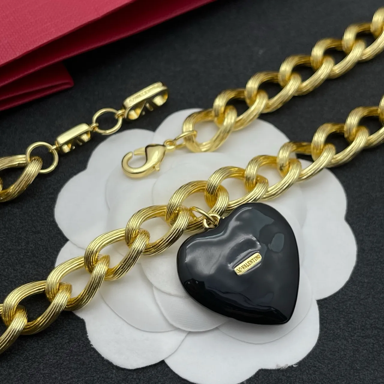 Valentino VLogo Heart Black and Gold Chain Necklace