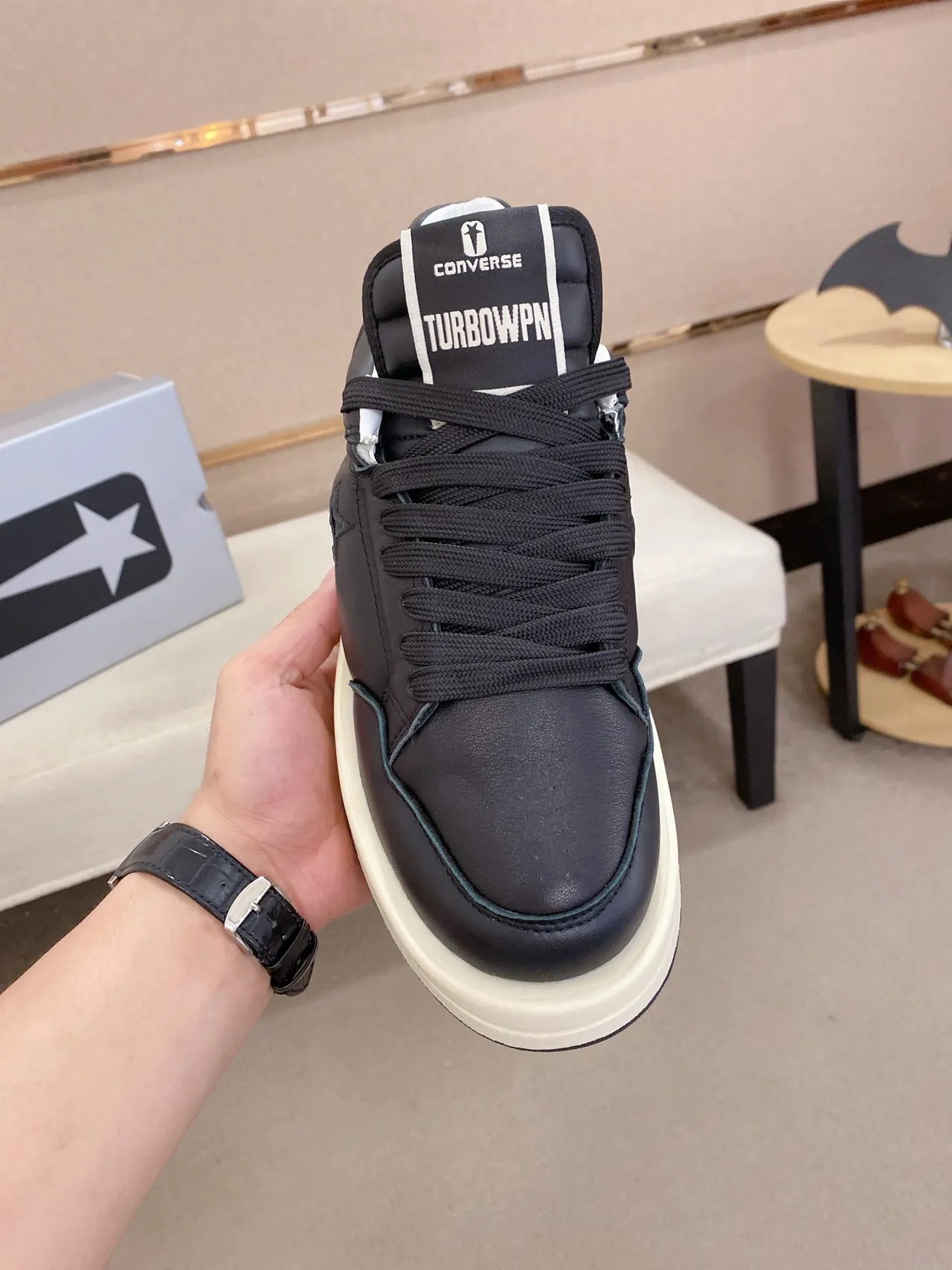 Converse Black Beige Leather Upper Off-White Platform Sole Lifestyle Sneakers