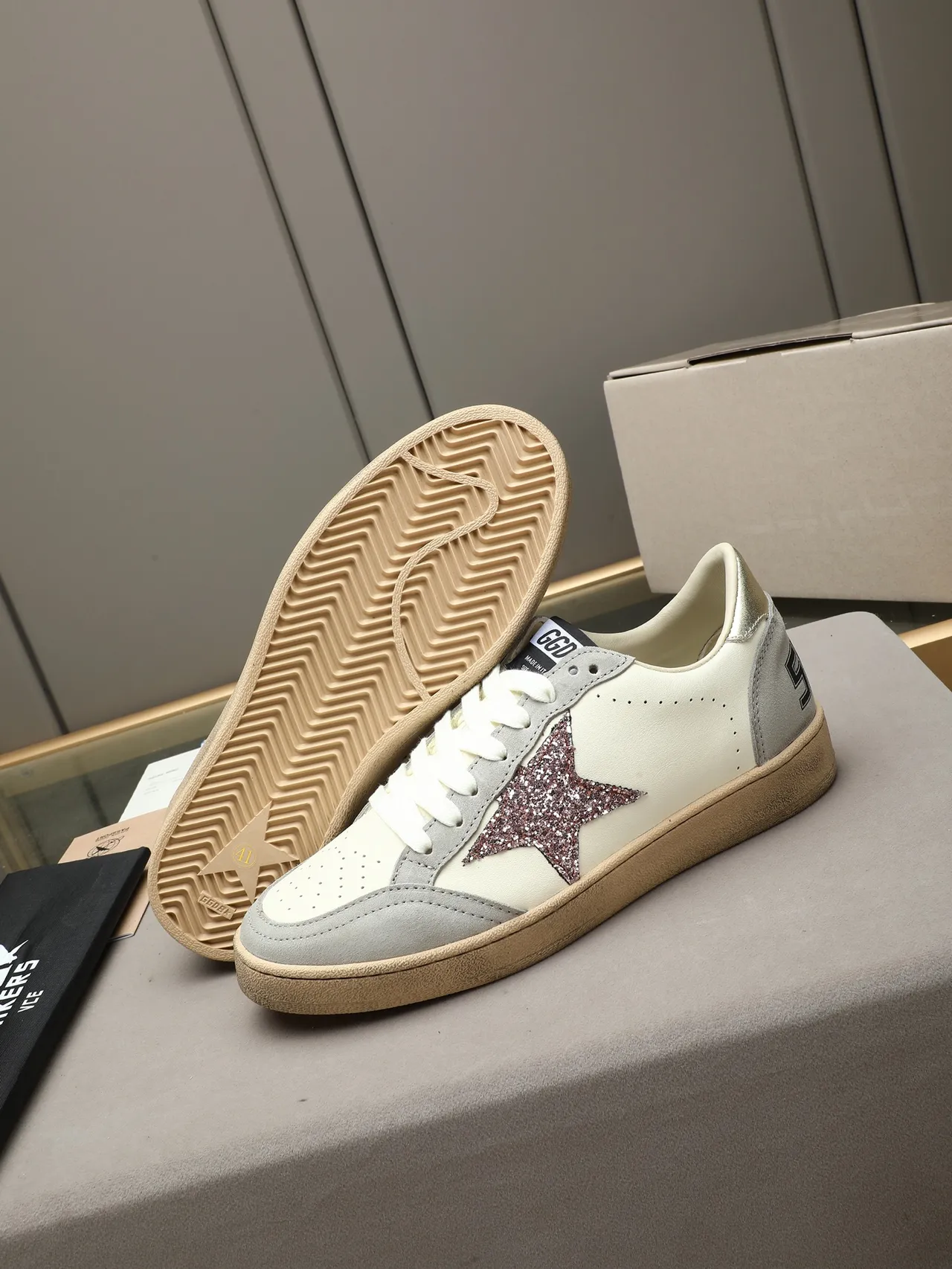 Golden Goose Ball Star Off-White and Gray Glitter Star Lifestyle Sneakers