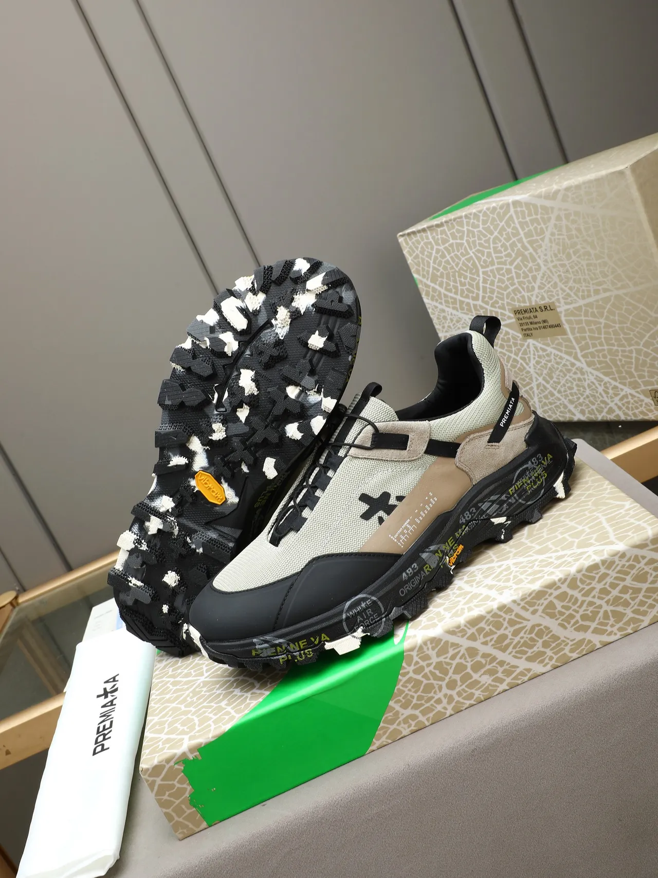 Premiata Beige and Black Mixed-Material Chunky Sole Lifestyle Sneakers