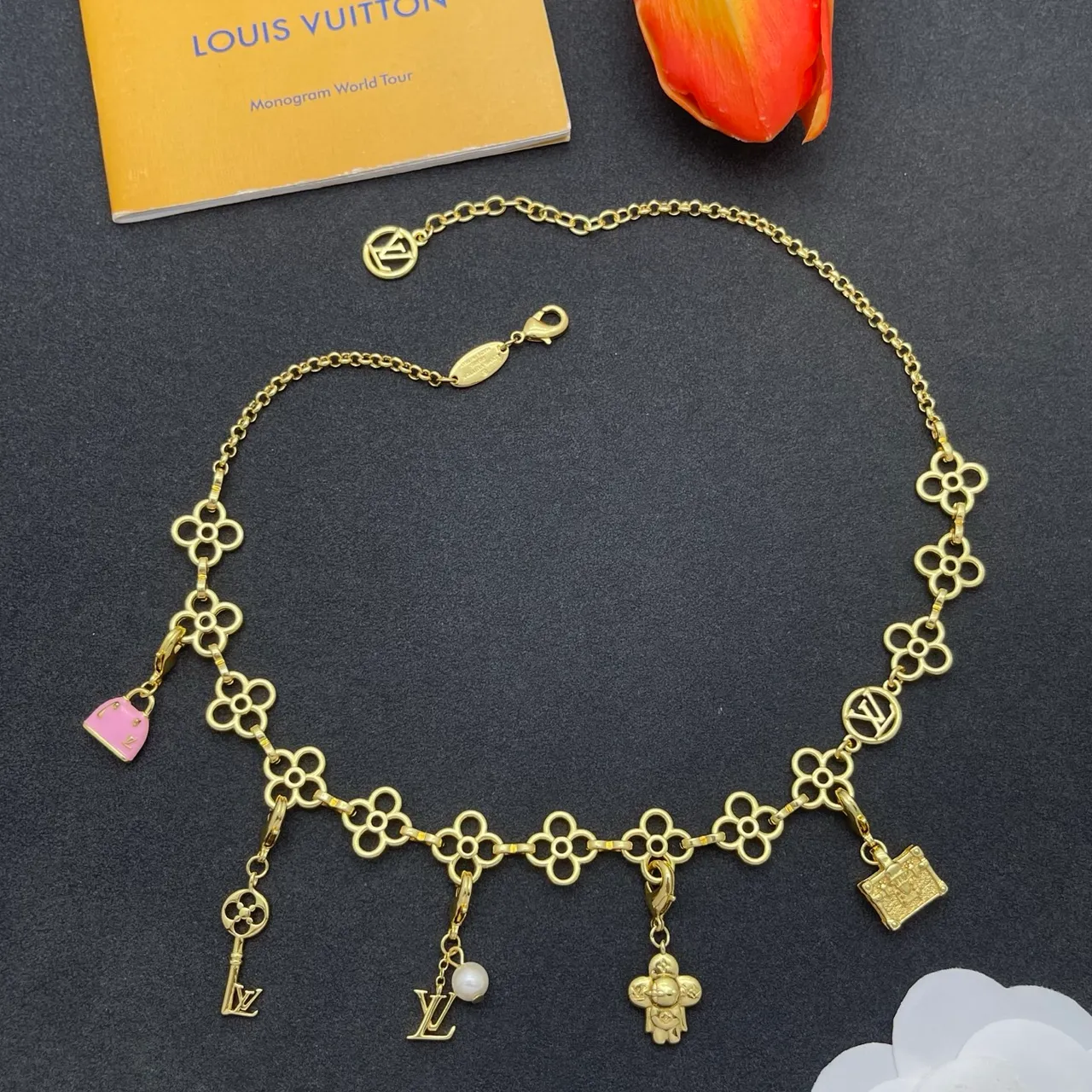 Louis Vuitton Gold Pink Floral-Link Chain Multi-Charm Pendant Design Necklace
