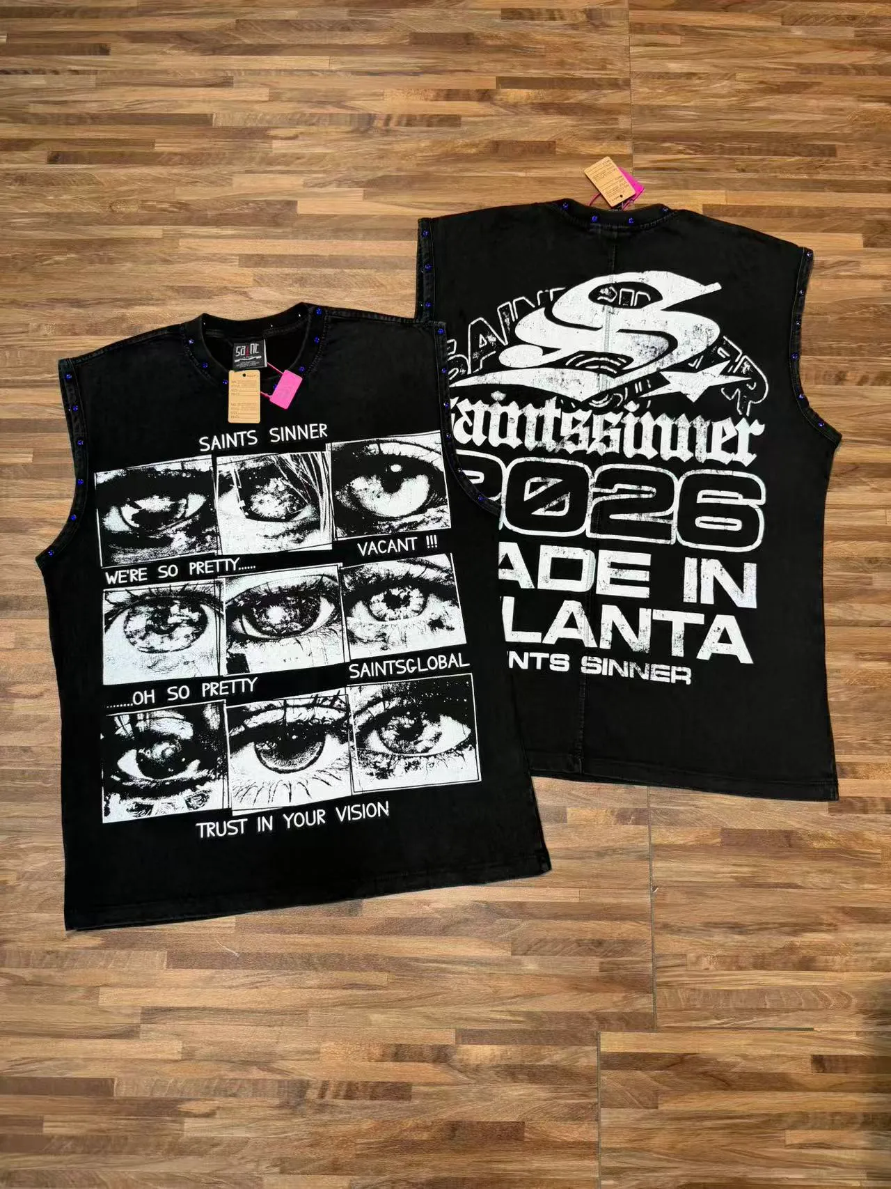 Saints Sinner Graphic-Print Rhinestone-Trimmed Black Denim Vest Top