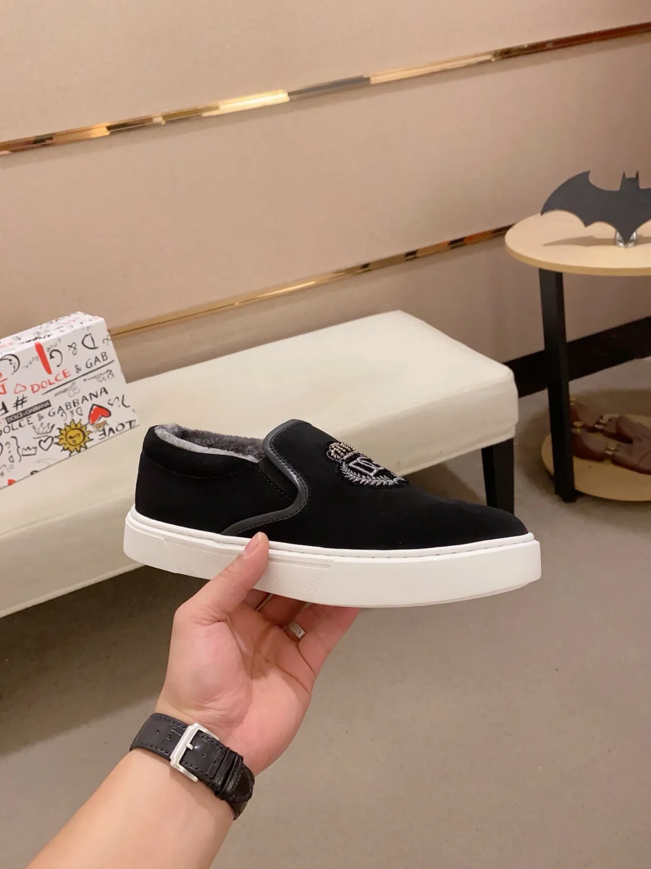 Dolce & Gabbana Portofino Black White Slip-On Suede Upper Lifestyle Sneakers