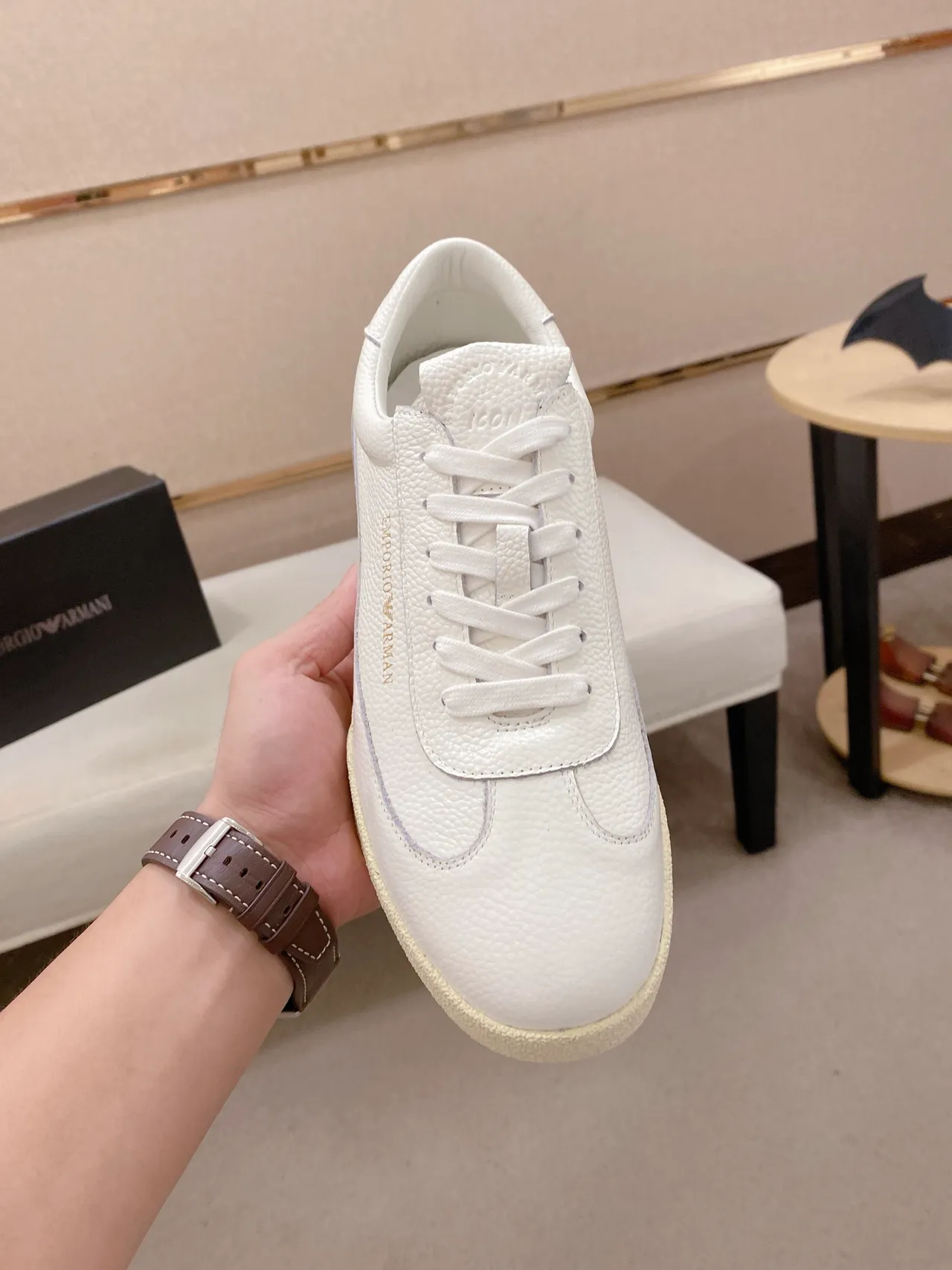 Emporio Armani White Beige Pebbled Leather Upper Gold Branding Sneakers