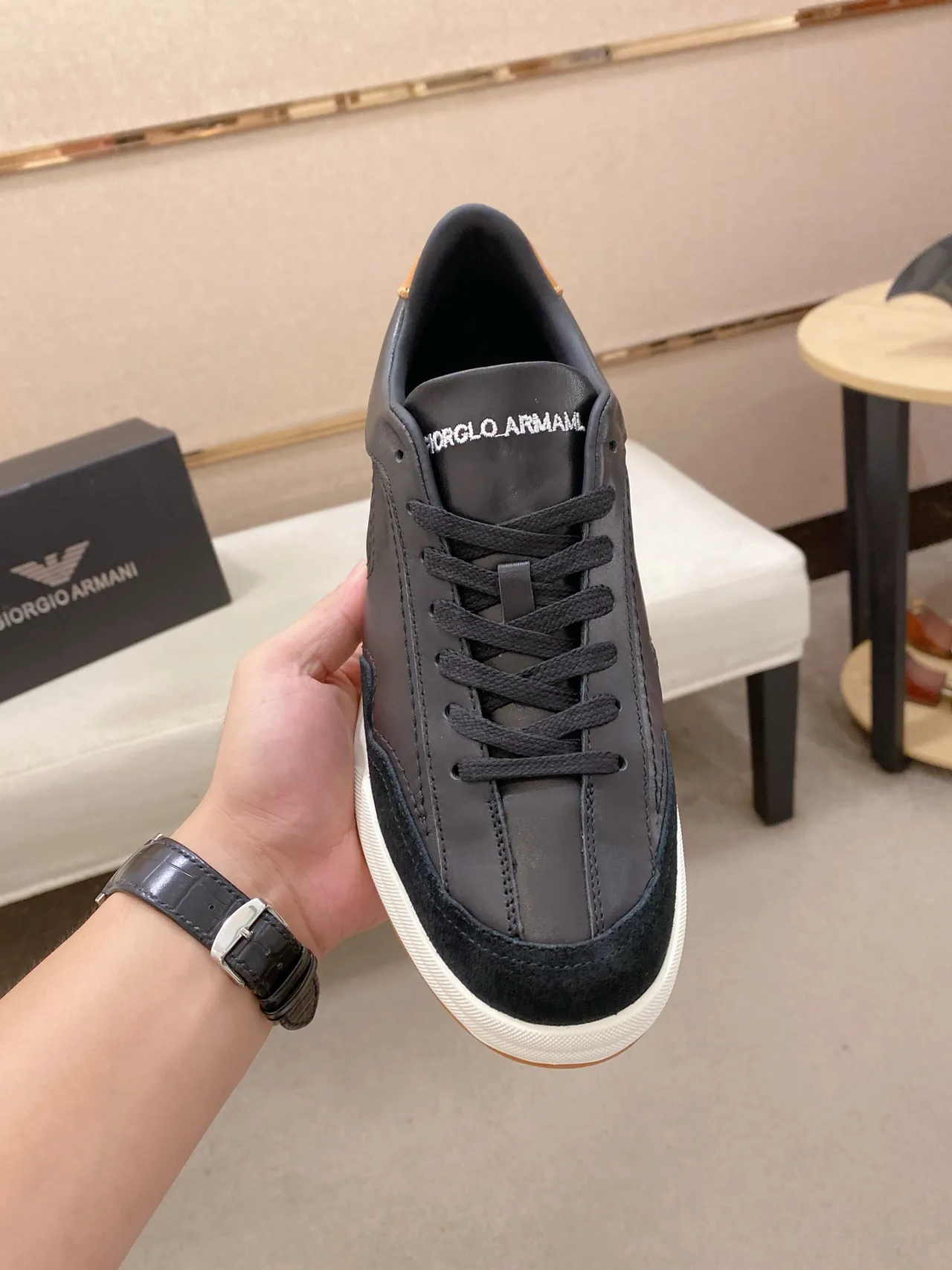 Emporio Armani Black White Panelled Leather And Suede Upper Eagle Logo Detail Lifestyle Sneakers