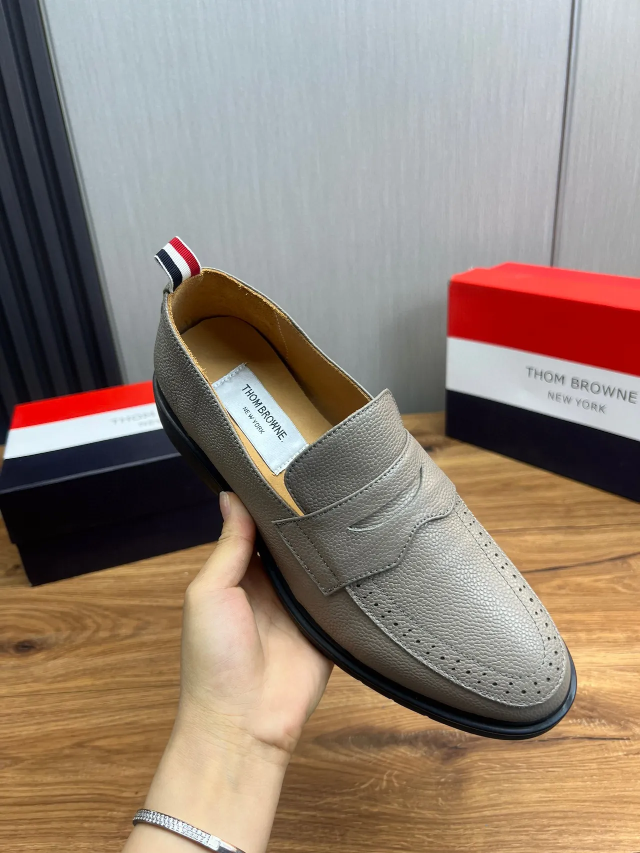 Thom Browne Gray Black Pebbled Leather Penny Strap Loafer