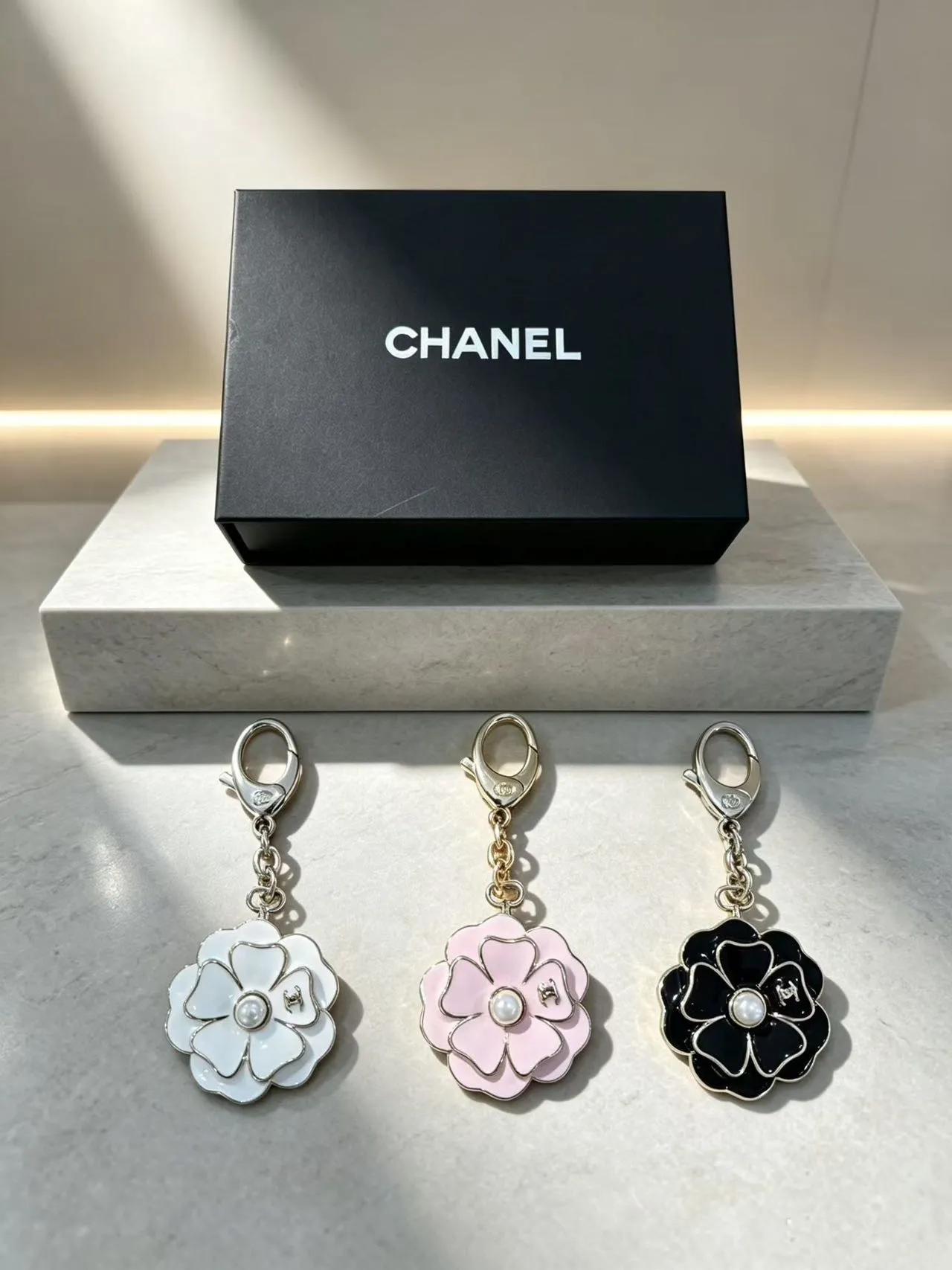 Chanel Camellia Flower Enamel Pearl Keychain Brooch