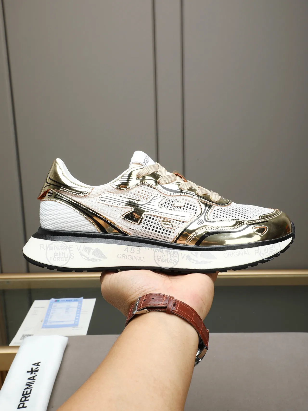 Premiata White Gold Metallic Accents Perforated Mesh Upper Sneakers