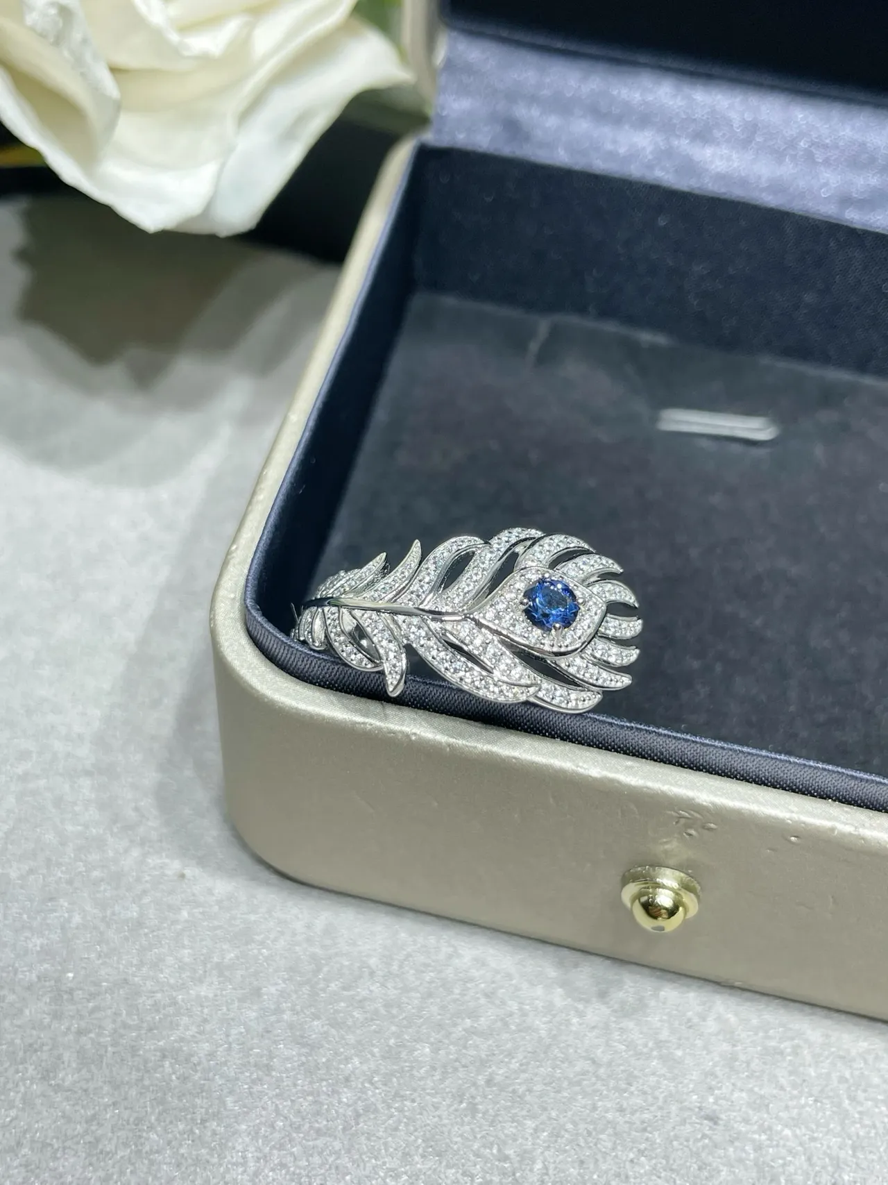 Silver Blue Feather Motif Pavé-Set Earrings