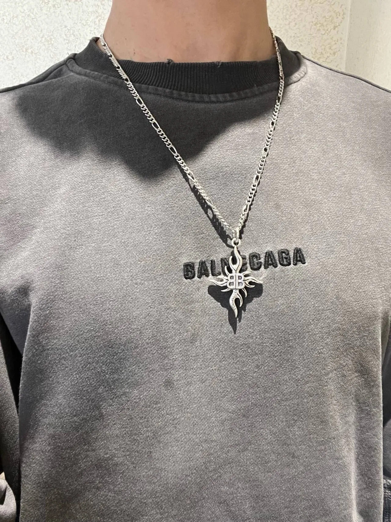 Balenciaga Flame BB Pendant Silver Chain Necklace