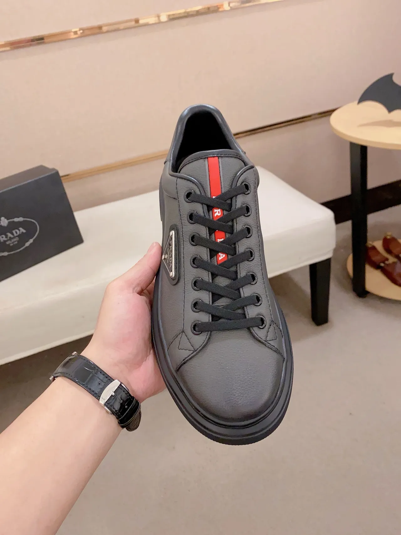 Prada Gray Black Leather Upper Triangular Metal Logo Lifestyle Sneakers
