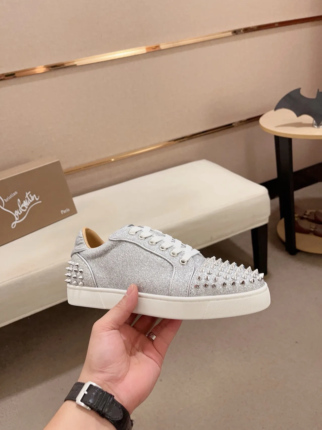 Christian Louboutin Studded Glitter Sneaker Silver White Upper Conical Studs Lifestyle Sneakers