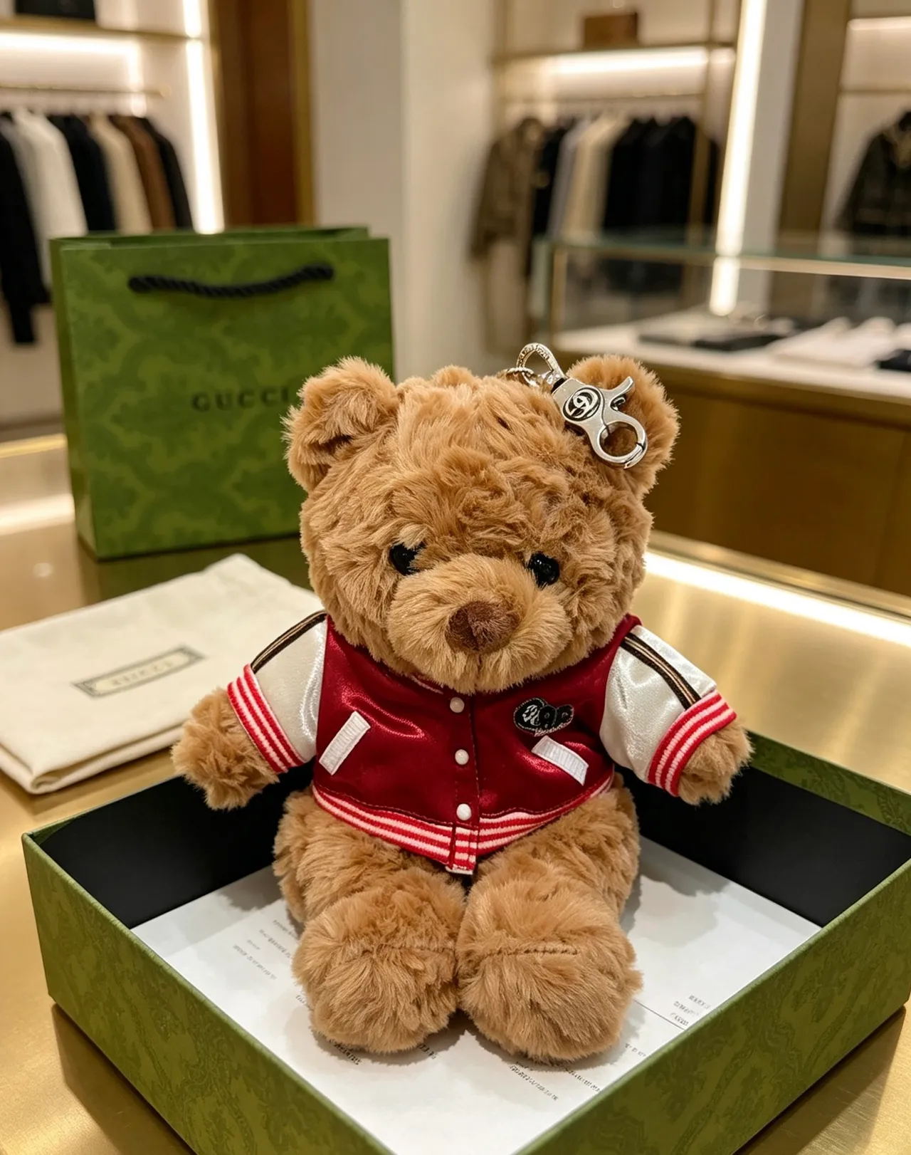 Gucci Brown Red Plush Teddy Bear Varsity Jacket Handbag