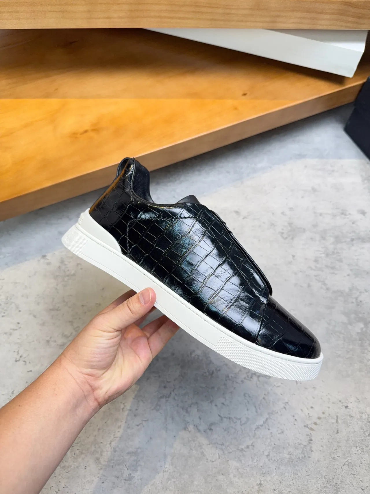Zegna Croc-Embossed Black Slip-On Lifestyle Sneakers