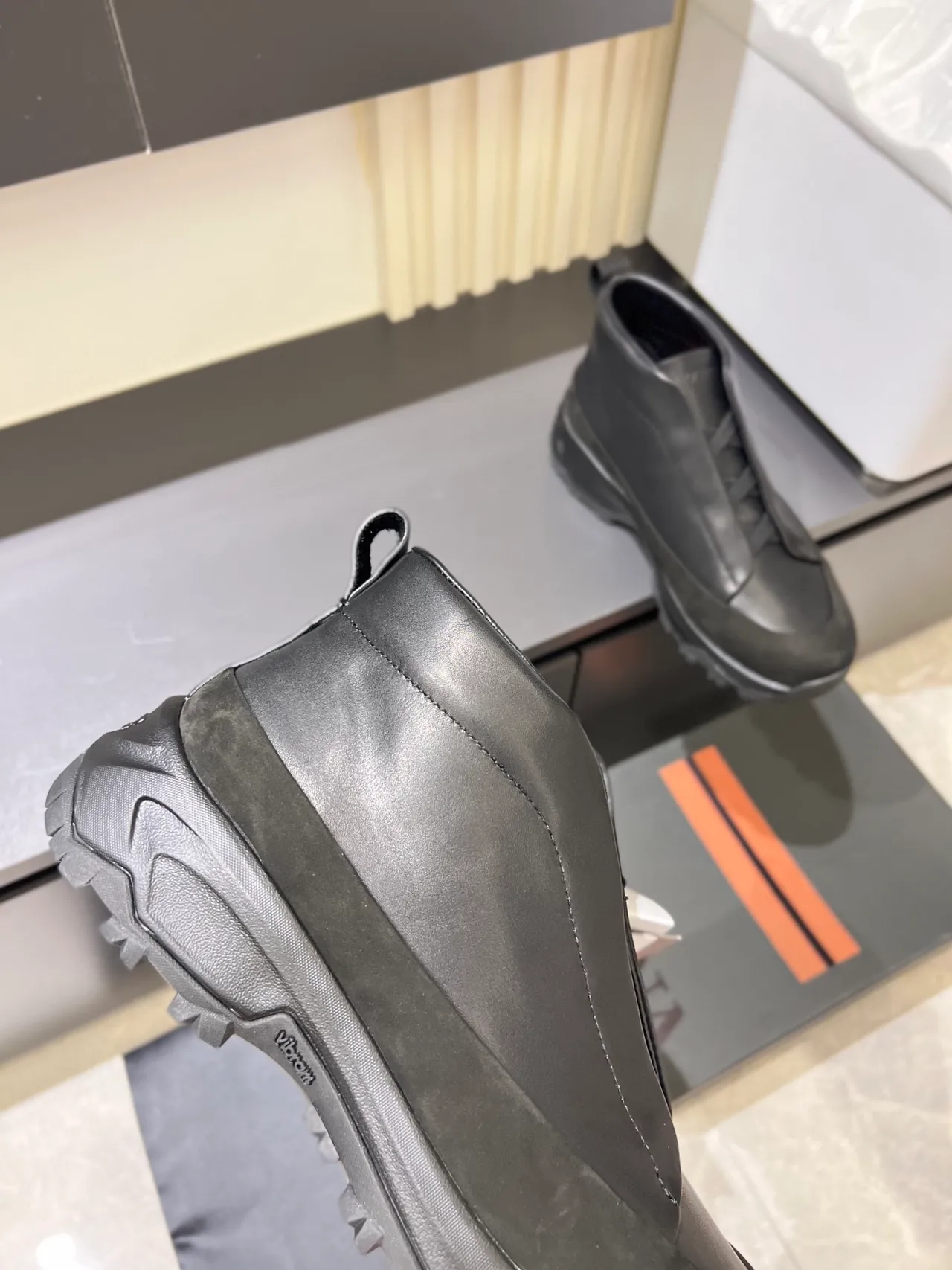 Black Slip-On Construction Matte Leather Upper Ankle Boots