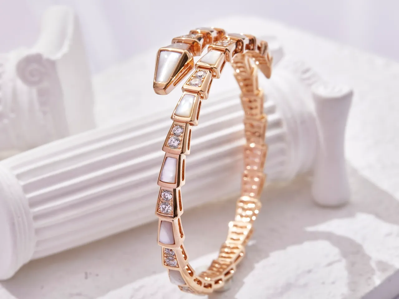 Bvlgari Serpenti Coiled Gold-Tone Mother-of-Pearl and Crystal Bracelet
