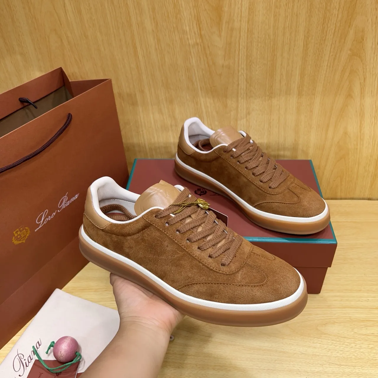 Loro Piana Brown Beige Suede Upper Gum Rubber Sole Sneakers