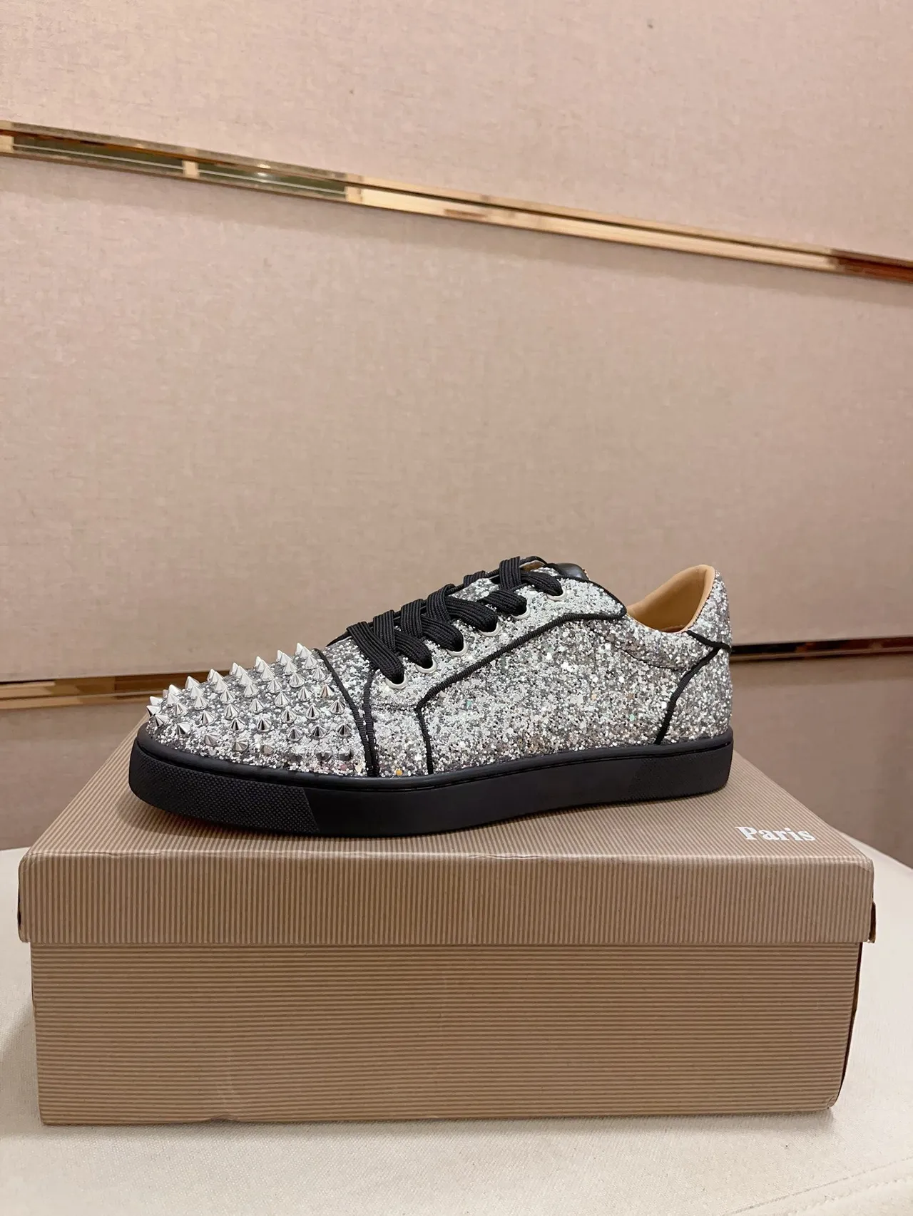 Christian Louboutin Silver Black Glitter Upper Studded Toe Cap Lifestyle Sneakers