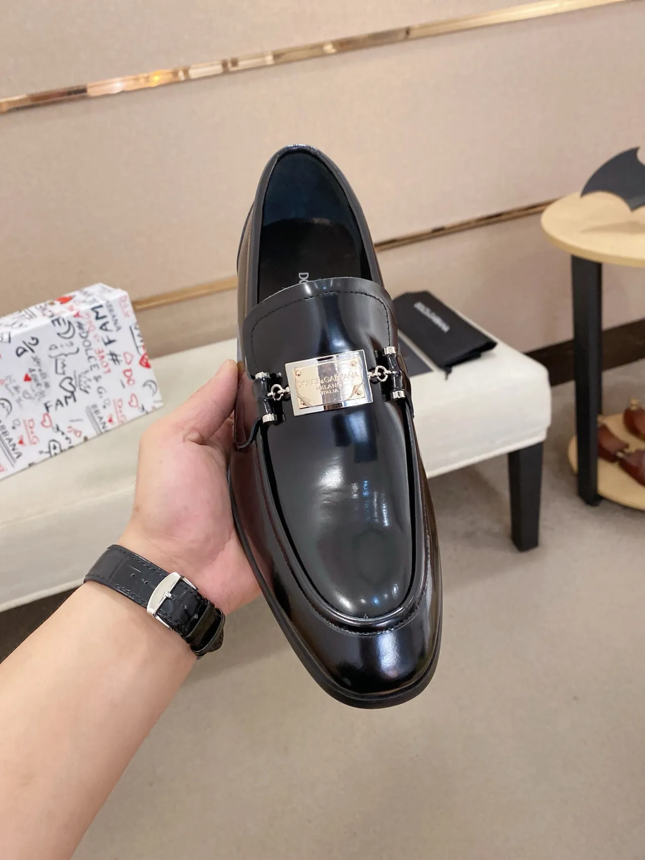 Dolce & Gabbana Portofino Black Red Glossy Patent Leather Moccasin Stitching Loafer