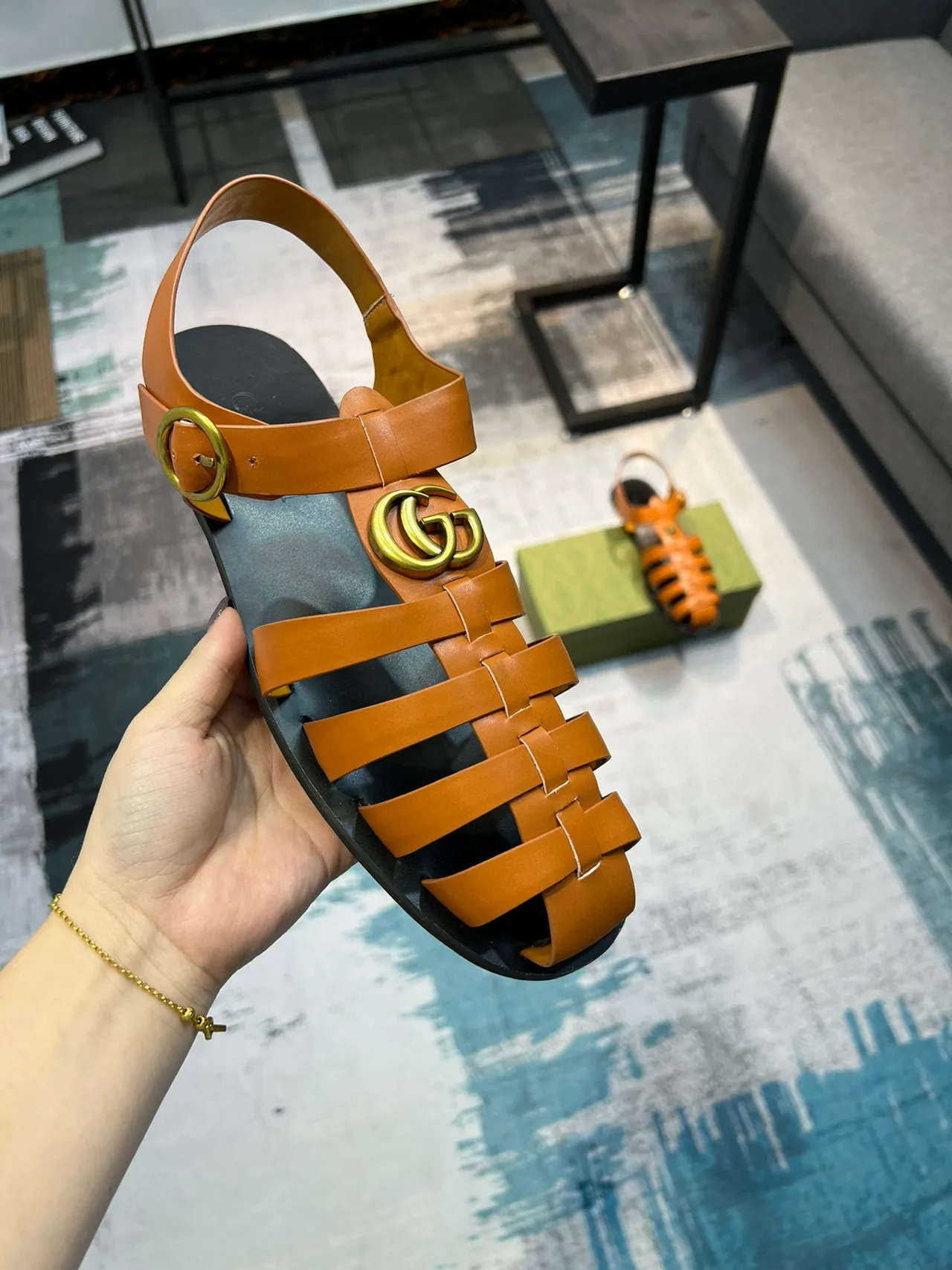 Gucci Orange Black Woven Leather Straps Tiger-Head Medallion Gladiator Sandals