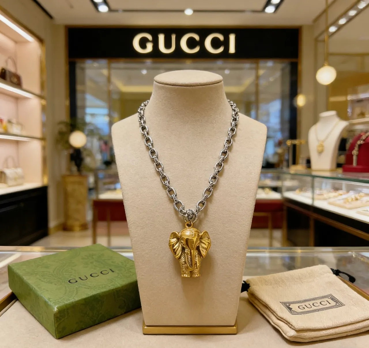 Gucci Silver Gold Sculpted Elephant Head Pendant Heavy Link Chain Necklace