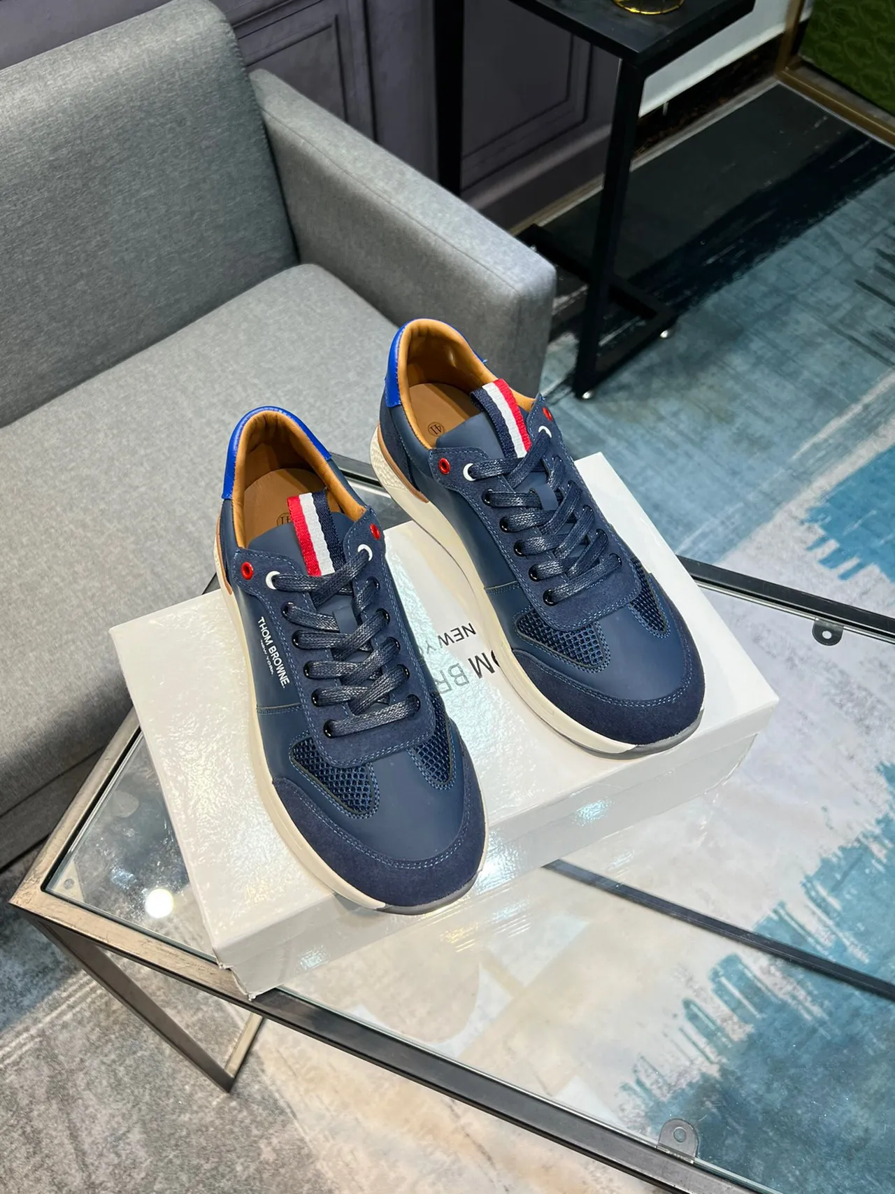 Thom Browne Navy Blue Mixed-Material Lifestyle Sneaker