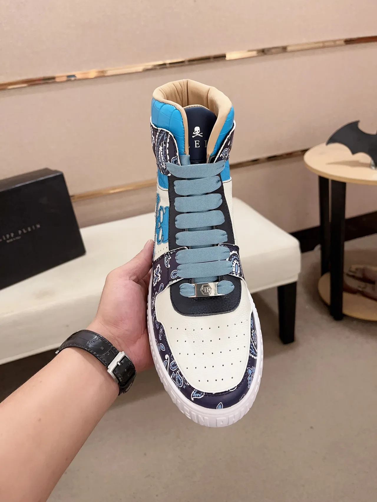 Philipp Plein White Blue High-Top Embossed Sole Sneakers