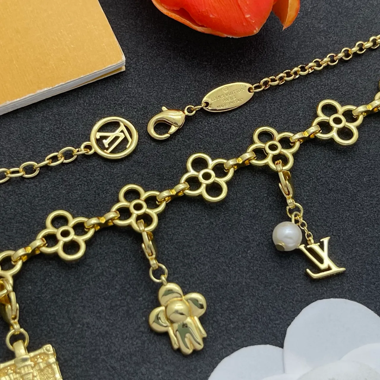 Louis Vuitton Gold Pink Floral-Link Chain Multi-Charm Pendant Design Necklace