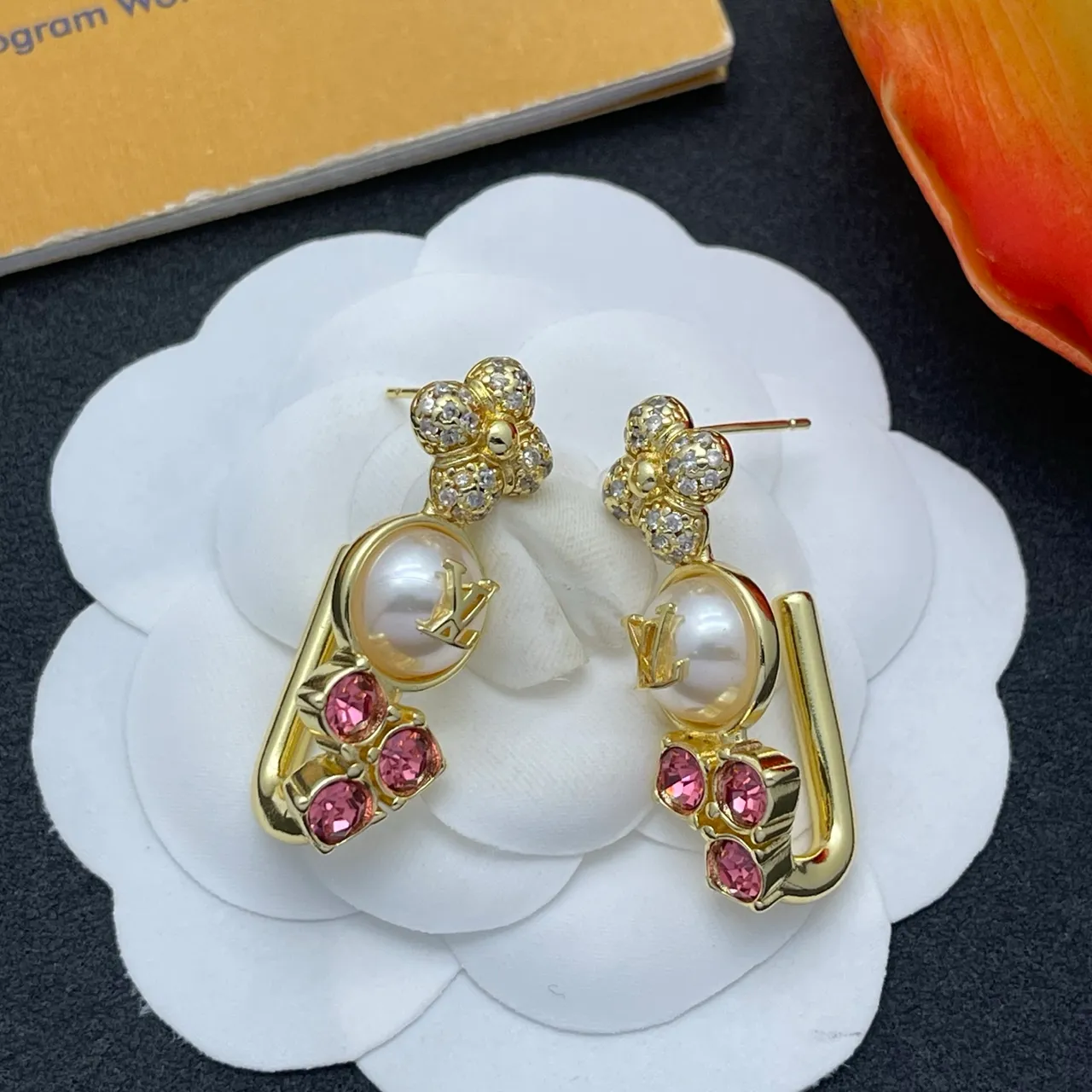 Louis Vuitton Gold Pink Floral-Top Pearl-Drop Earrings