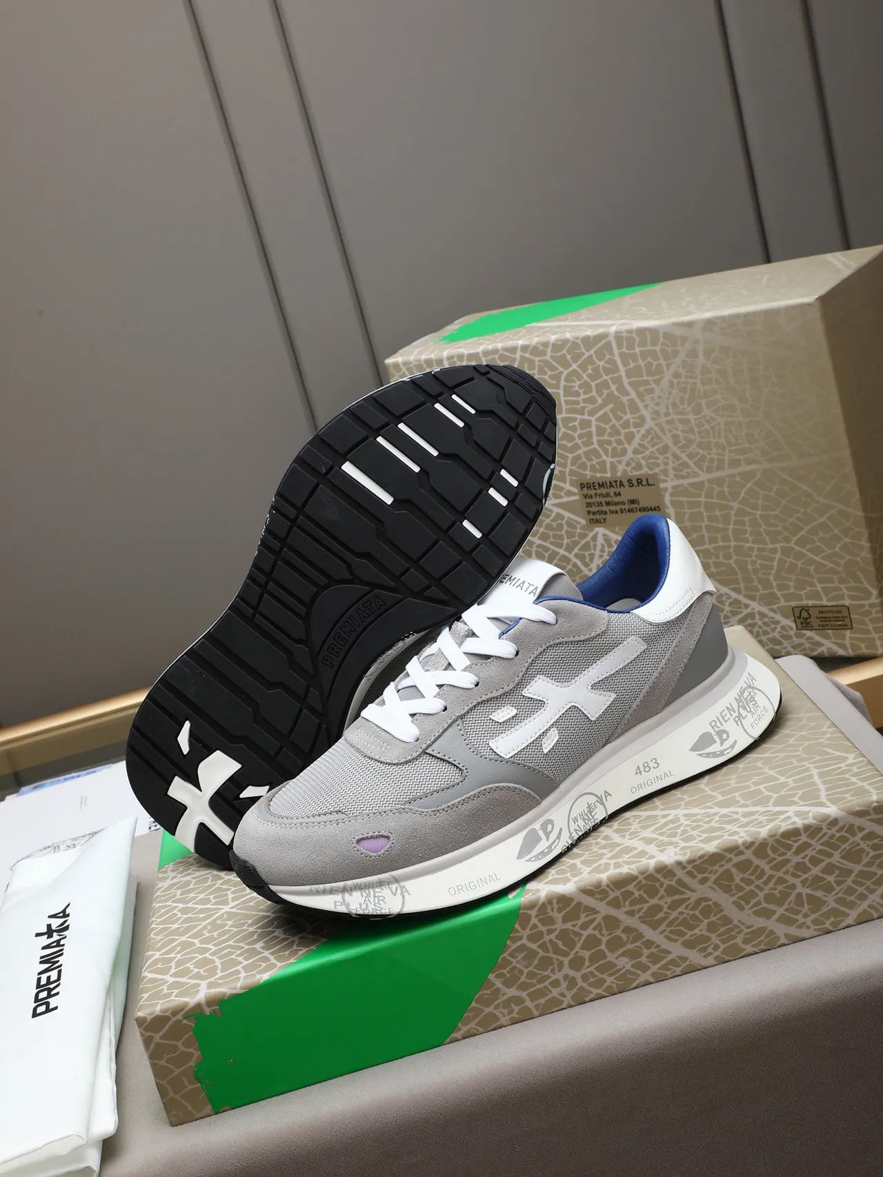 Premiata Gray Blue Mixed-Material Upper X-Logo Side Panel Sneakers