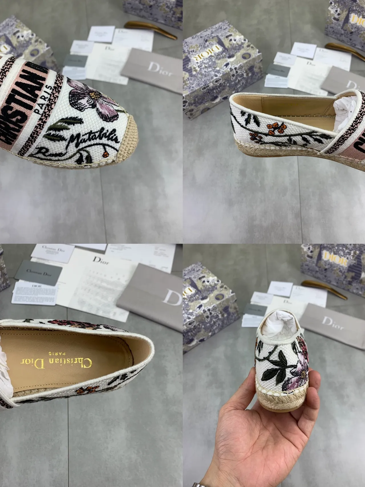 Dior Rose Matatini Esdrille White Multicolor Embroidered Floral Canvas Woven Jute Sole Boat Shoes