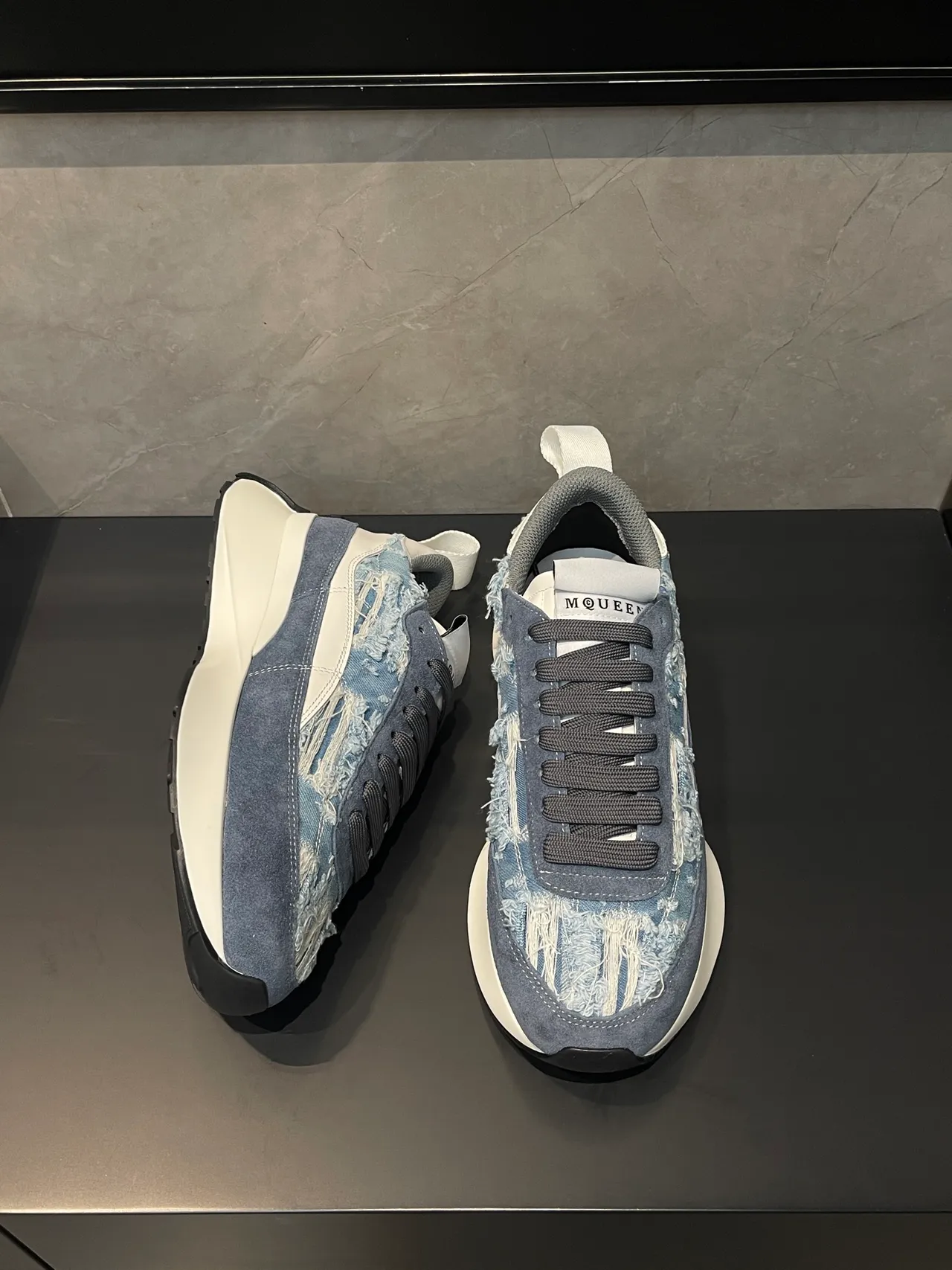 Alexander McQueen Oversized Sneaker Distressed Denim and Suede Lifestyle Sneaker