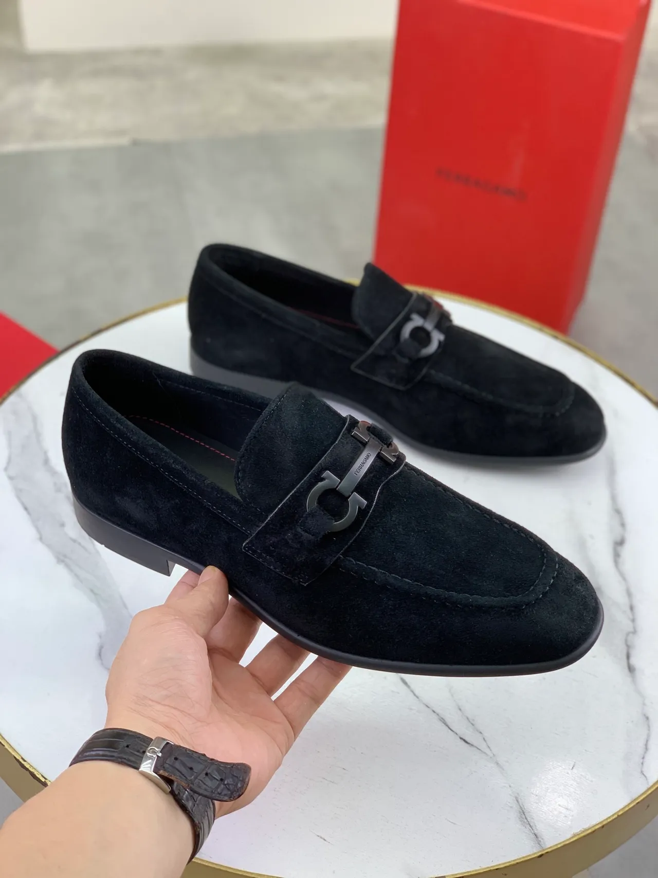Salvatore Ferragamo Gancini Loafer Black Suede Loafers
