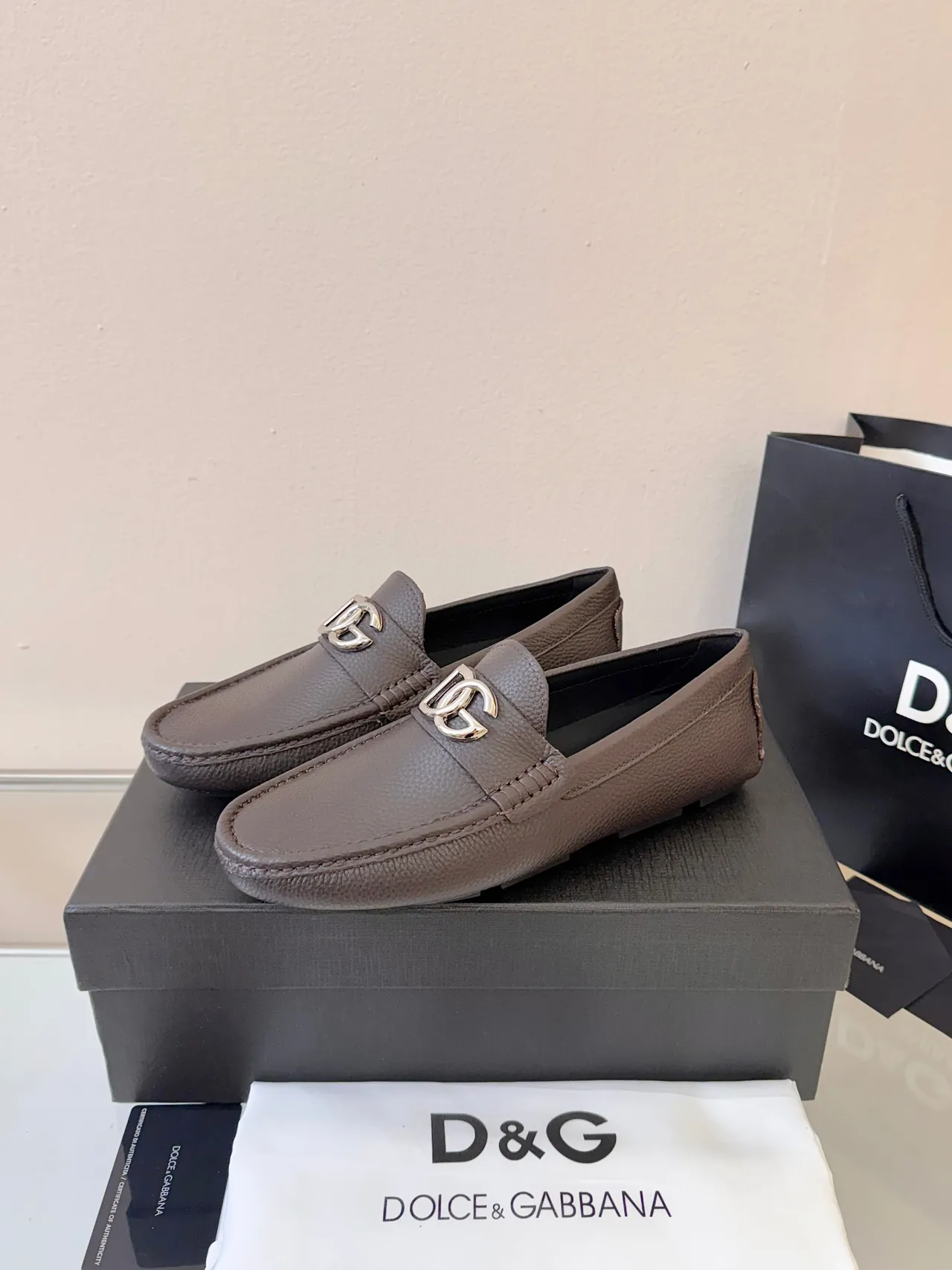 Dolce & Gabbana Brown Silver Pebbled Leather Metal DG Buckle Loafer