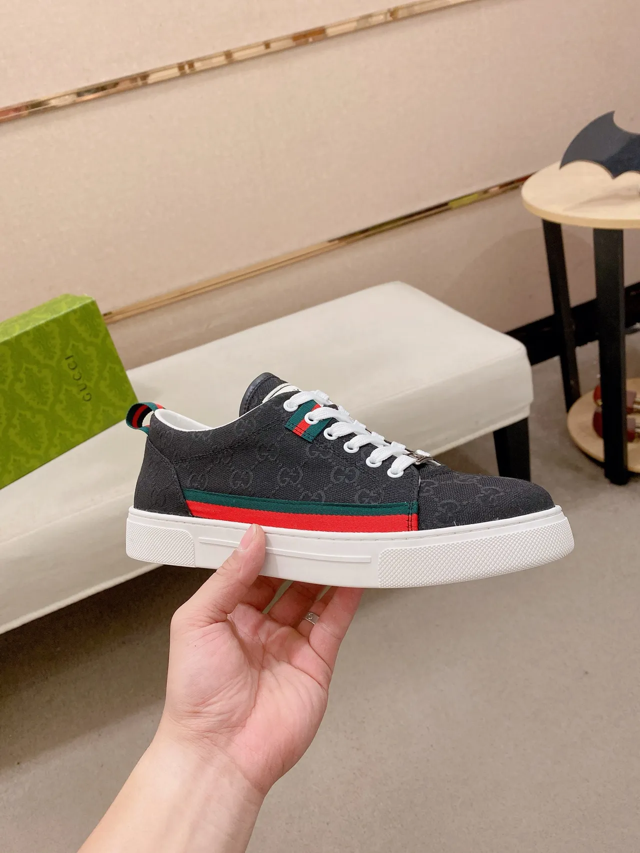 Gucci Black Red Monogrammed Canvas Upper Web Stripe Detail Lifestyle Sneakers