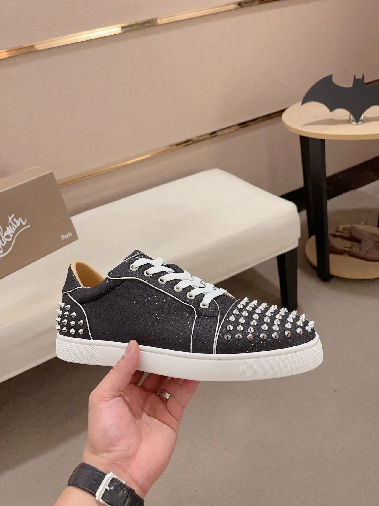 Christian Louboutin Studded Sneaker Black White Glitter Upper Conical Silver Studs Lifestyle Sneakers