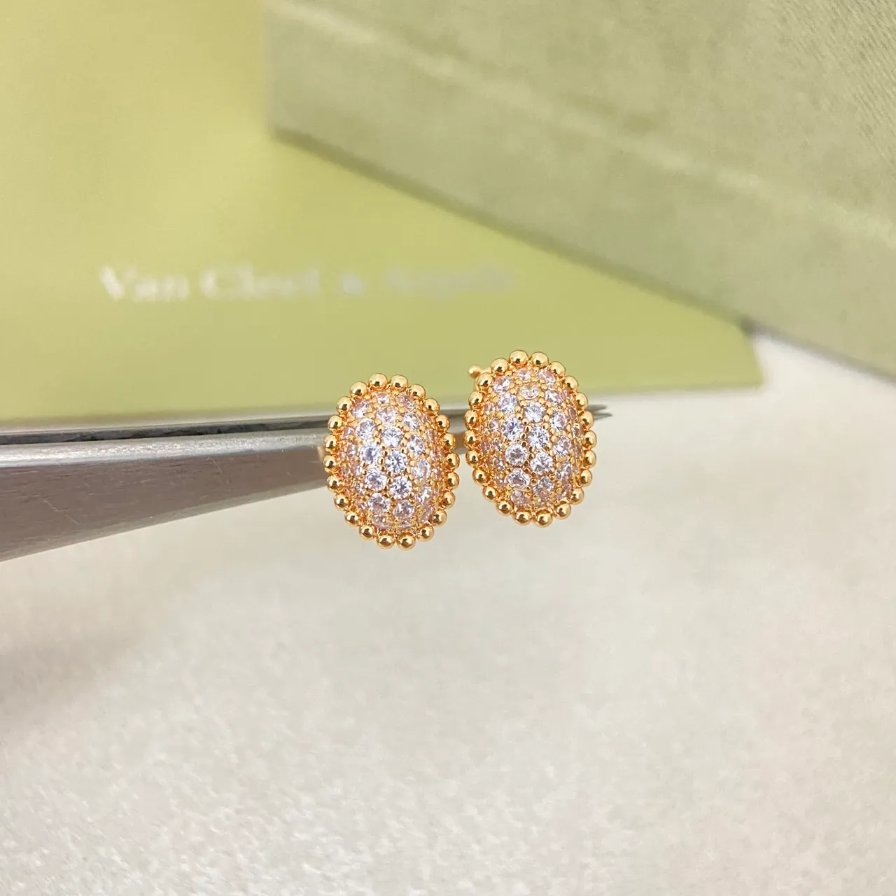Van Cleef & Arpels Gold Silver Oval Pavé Studs Beaded Border Edge Earrings
