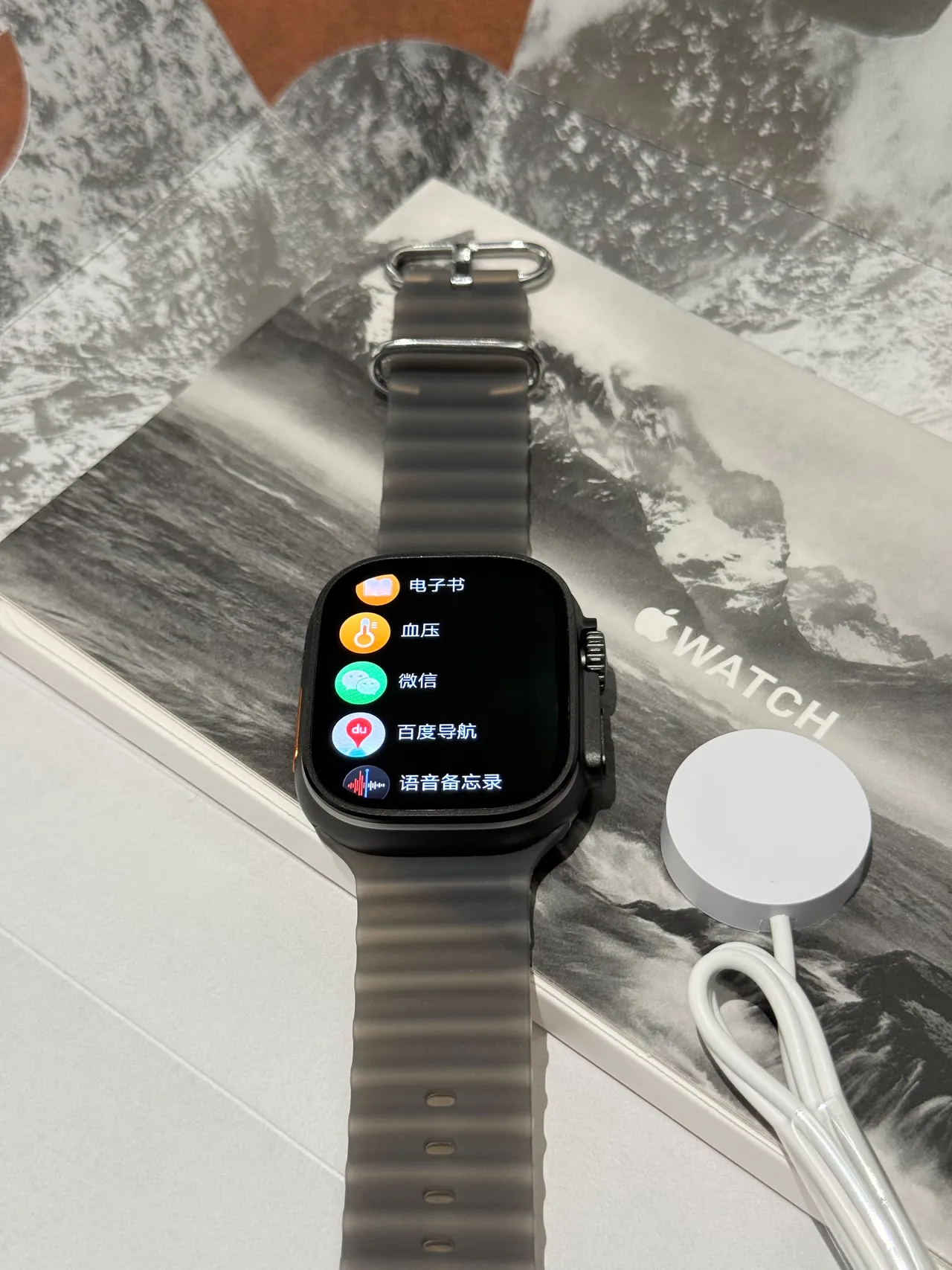 Apple Ultra Gray Orange Square Titanium-Style Case Ribbed Silicone Band Sports Watch