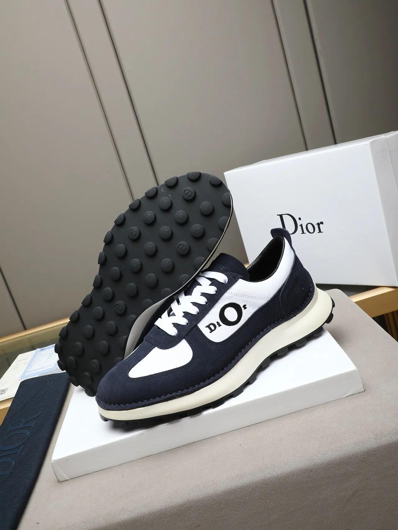 Dior B27 Navy White Colorblock Suede And Synthetic Upper Chunky Sneakers