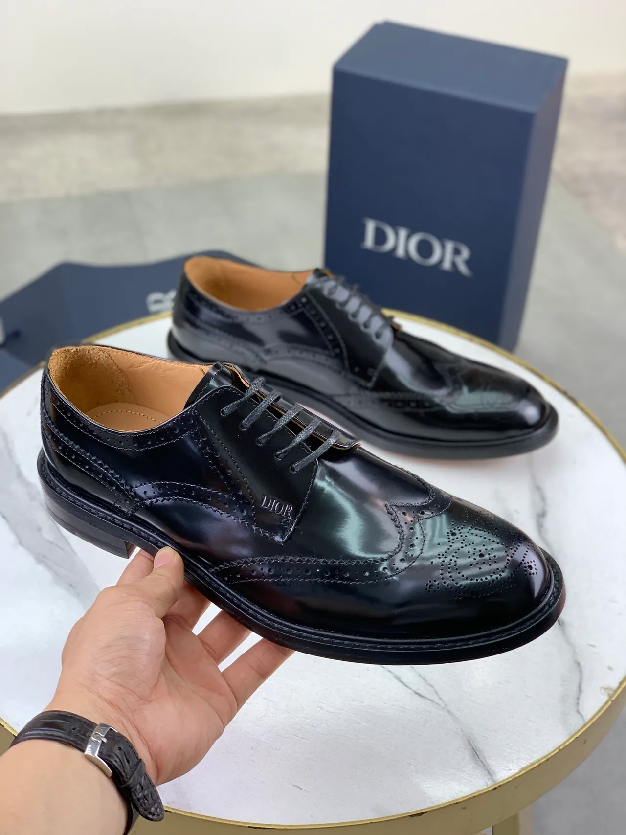 Dior Black Brown Glossy Leather Wingtip Brogue