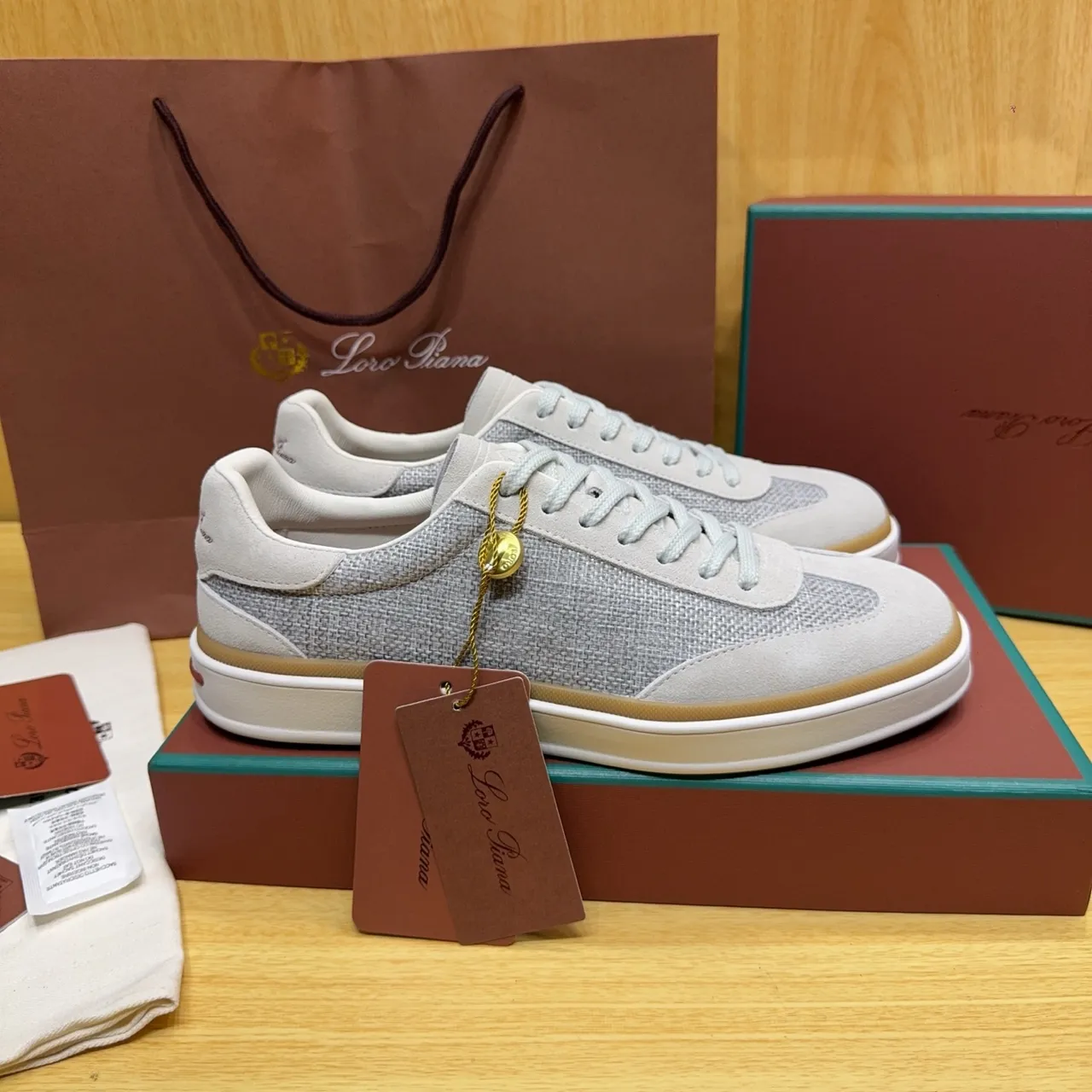 Loro Piana Gray Beige Woven Textile Upper Suede Overlays Lifestyle Sneakers