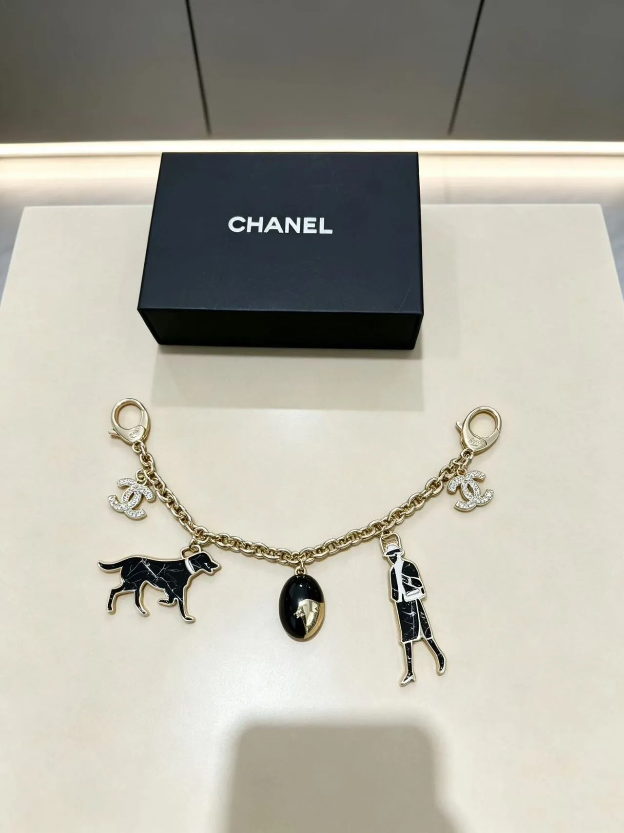 Chanel Charms Bag Charm Set Gold Tone Black White Pink Enamel Bracelets
