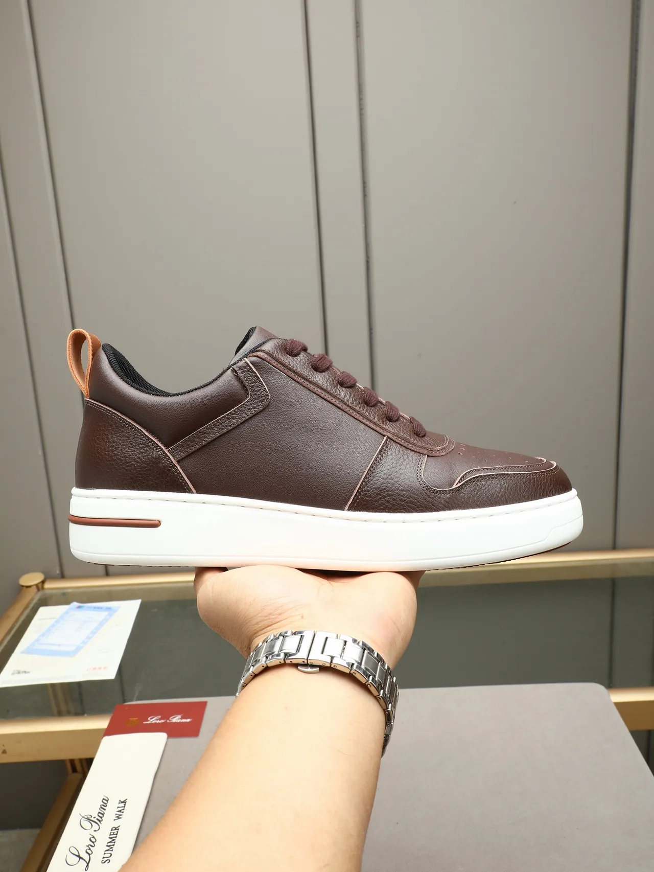 Loro Piana Brown Leather Low-Top Sneaker