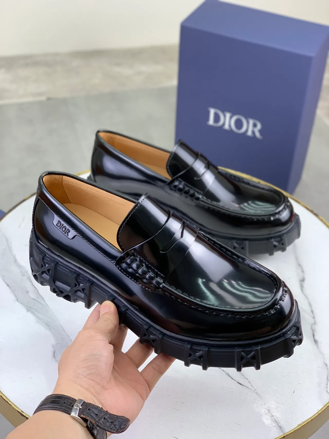 Dior Black Brown Glossy Patent Leather Penny Strap Loafer