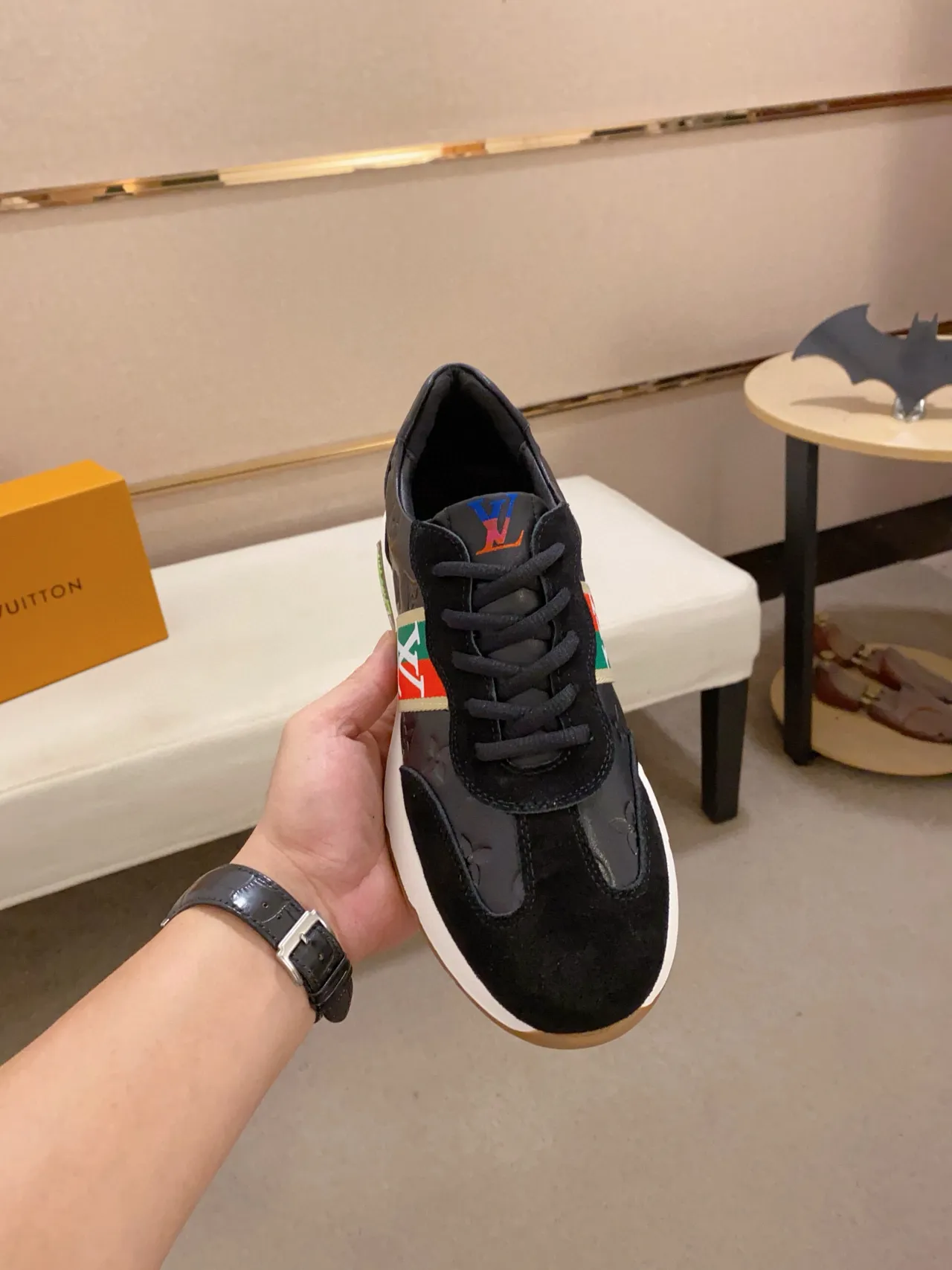 Louis Vuitton LV Trainer Black Multicolor Monogrammed Leather And Suede Green-Red-Green Stripe Lifestyle Sneakers