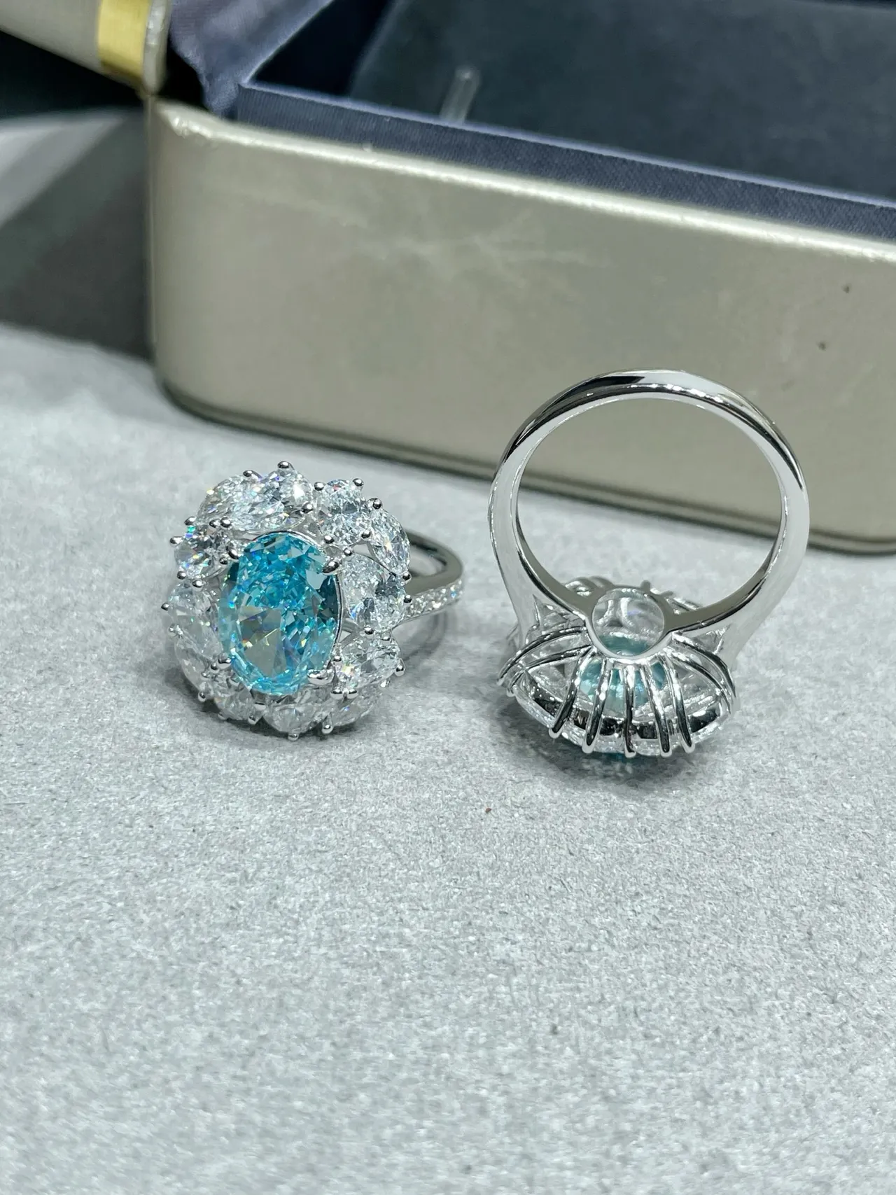 Oval Blue Gemstone Halo Cluster Ring