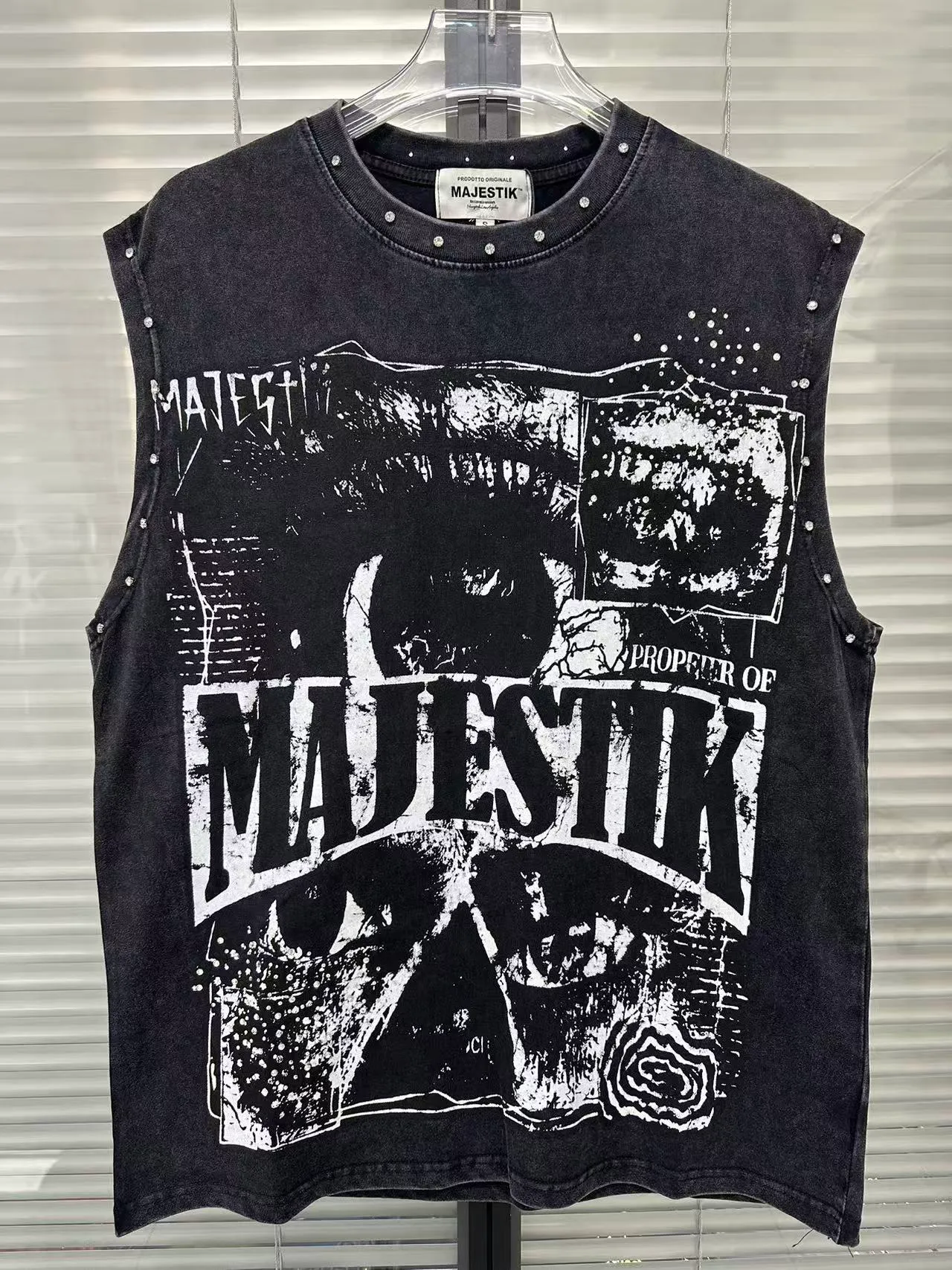 MAJESTIK Studded Screen-Printed Distressed Denim Vest Top