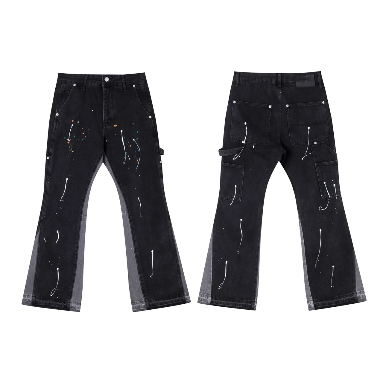 Black Paint-Splatter Flared Contrast-Panel Jeans
