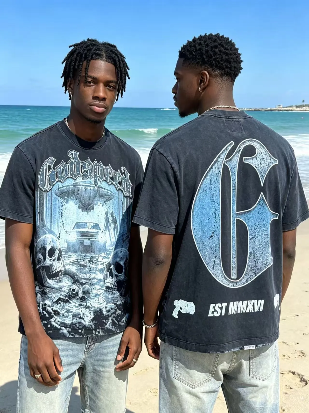 Godspeed Distressed Black Graphic Skull UFO T-Shirt