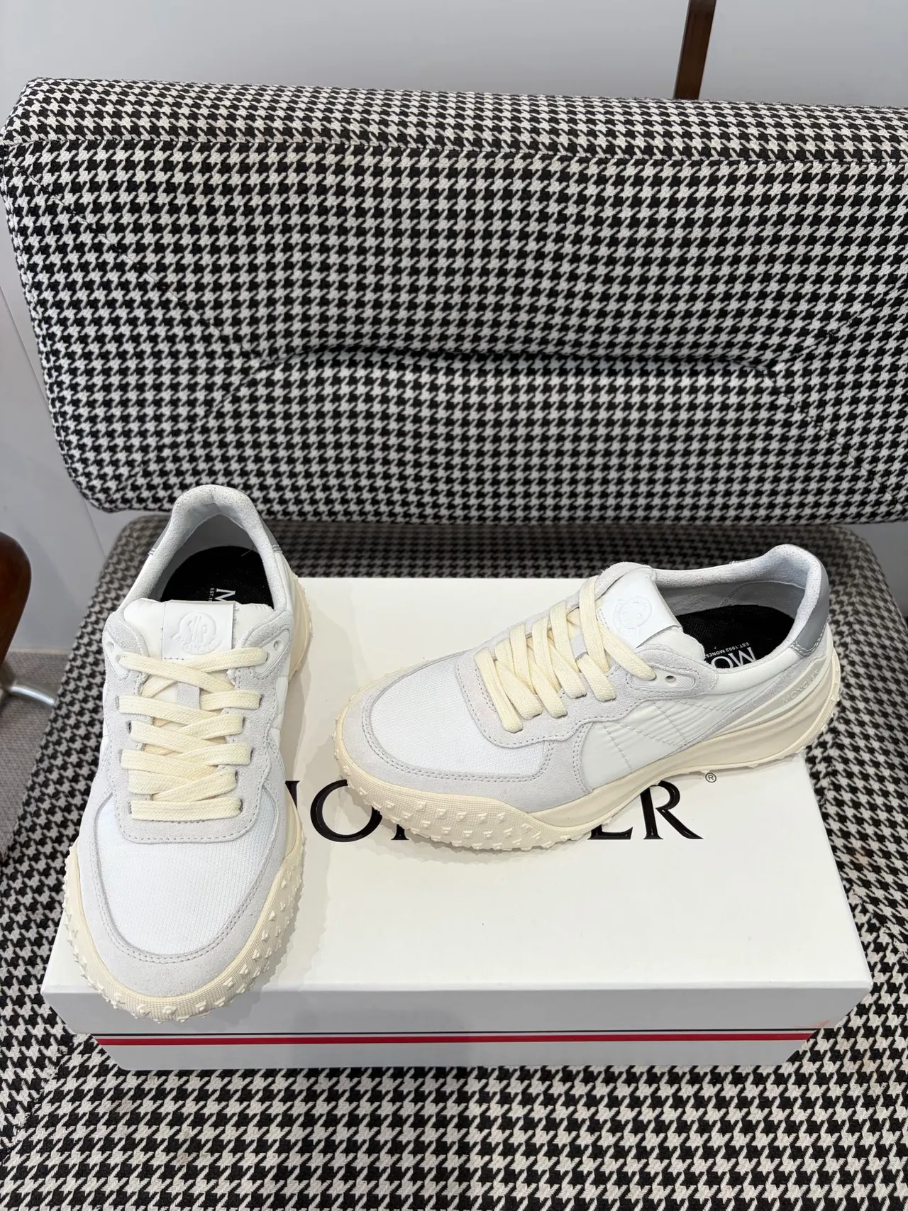 Moncler Beige Gray Off-White Monochrome Quilted Paneling Sneakers